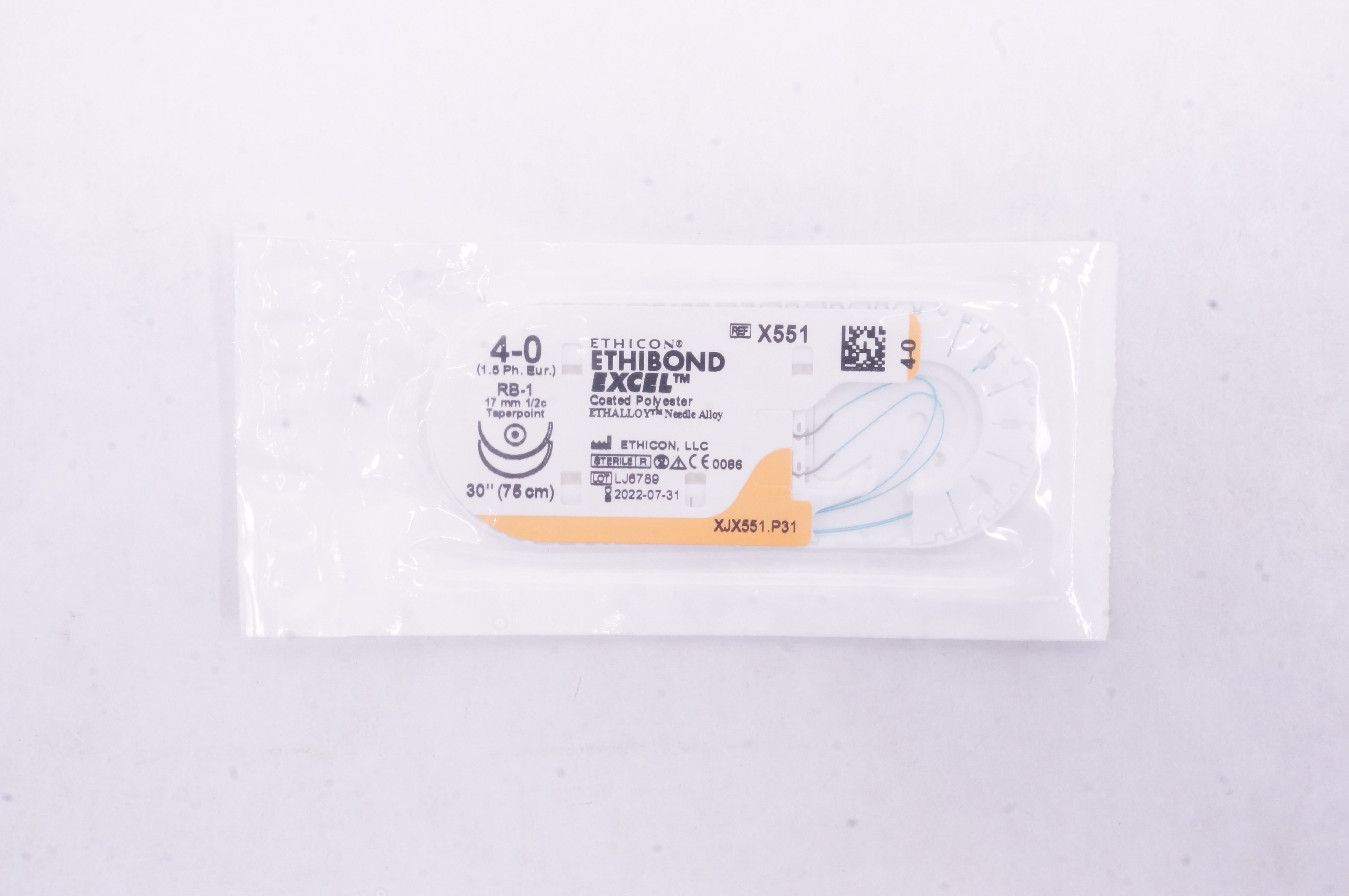 Ethicon X551 4-0 ETHIBOND EXCEL, RB-1, 17mm 1/2c Taper, 30inch