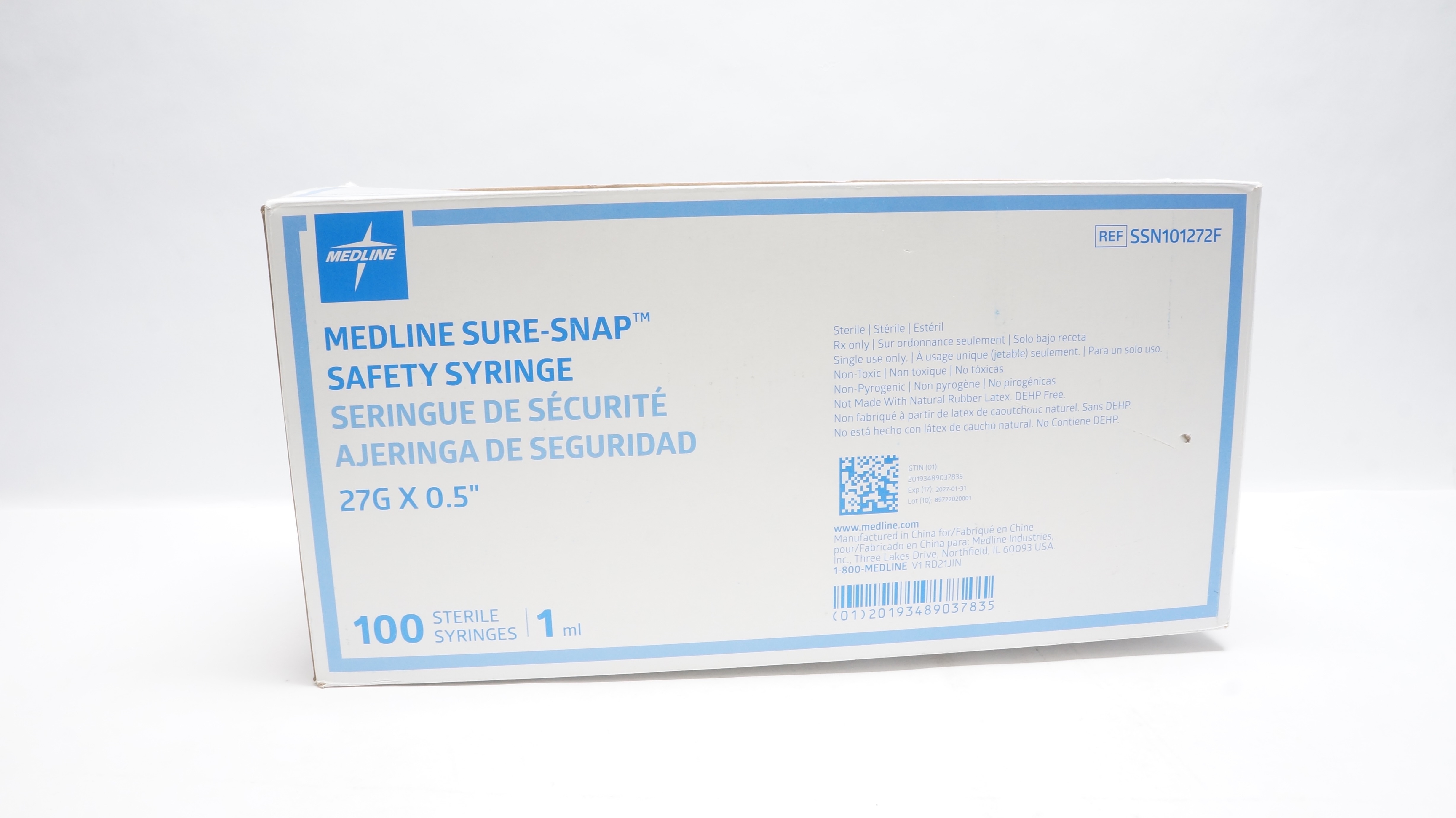 Medline SSN101272F Sure-Snap Safety Syringe 27G x 0.5inch - Box of 100
