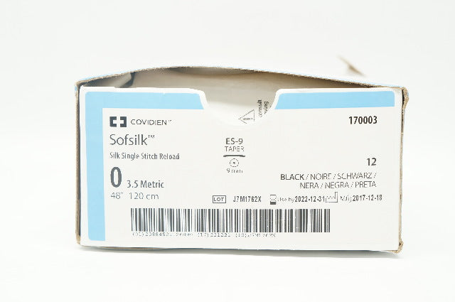 Covidien 170003 0 Sofsilk Silk Single Stitch Reload ES-9 Taper 9mm 48inch - Box of 12