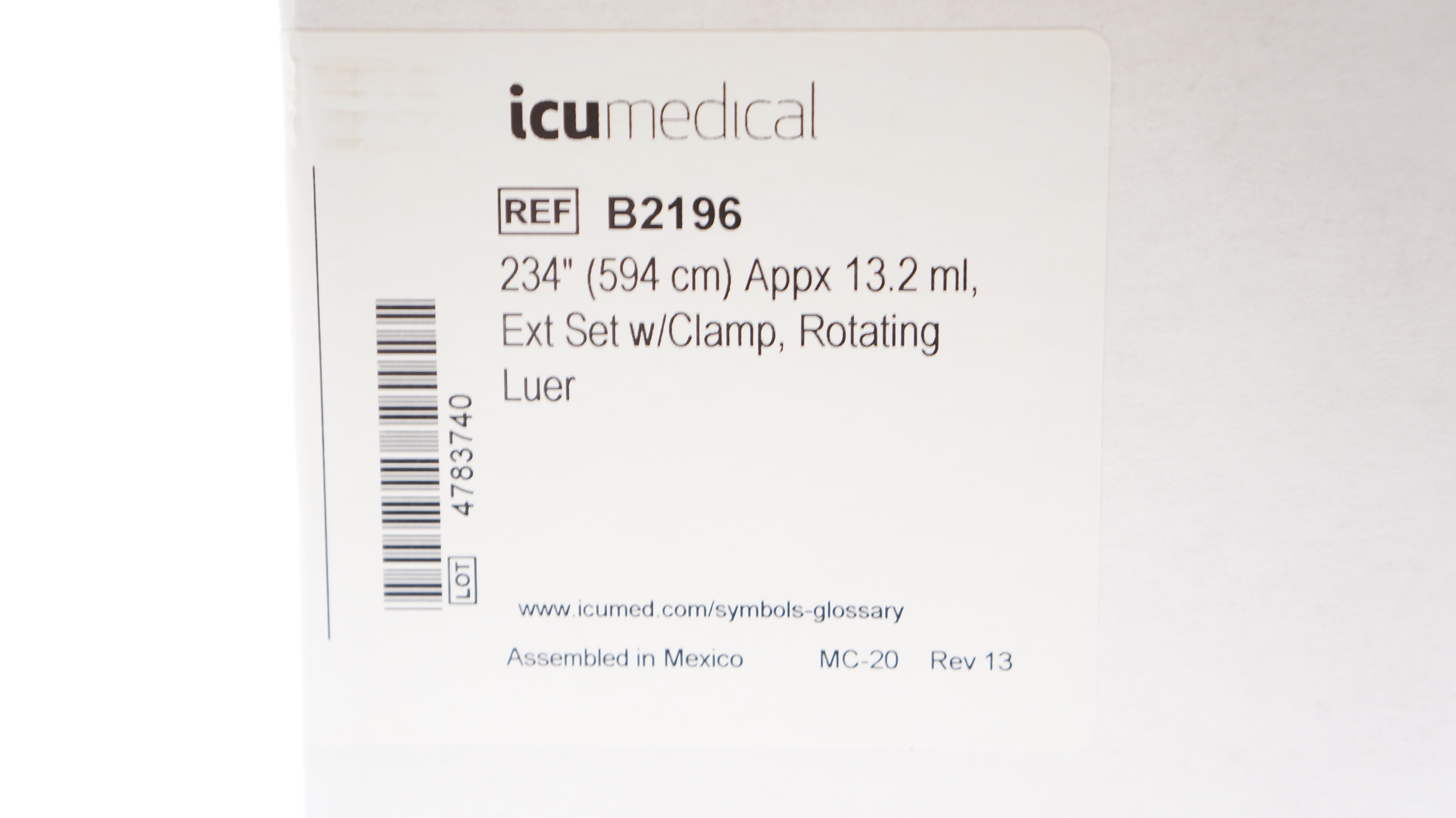ICU Medical B2196 Extension Set w/Clamp, Luer 234inch x 13.2ml - Box of 25