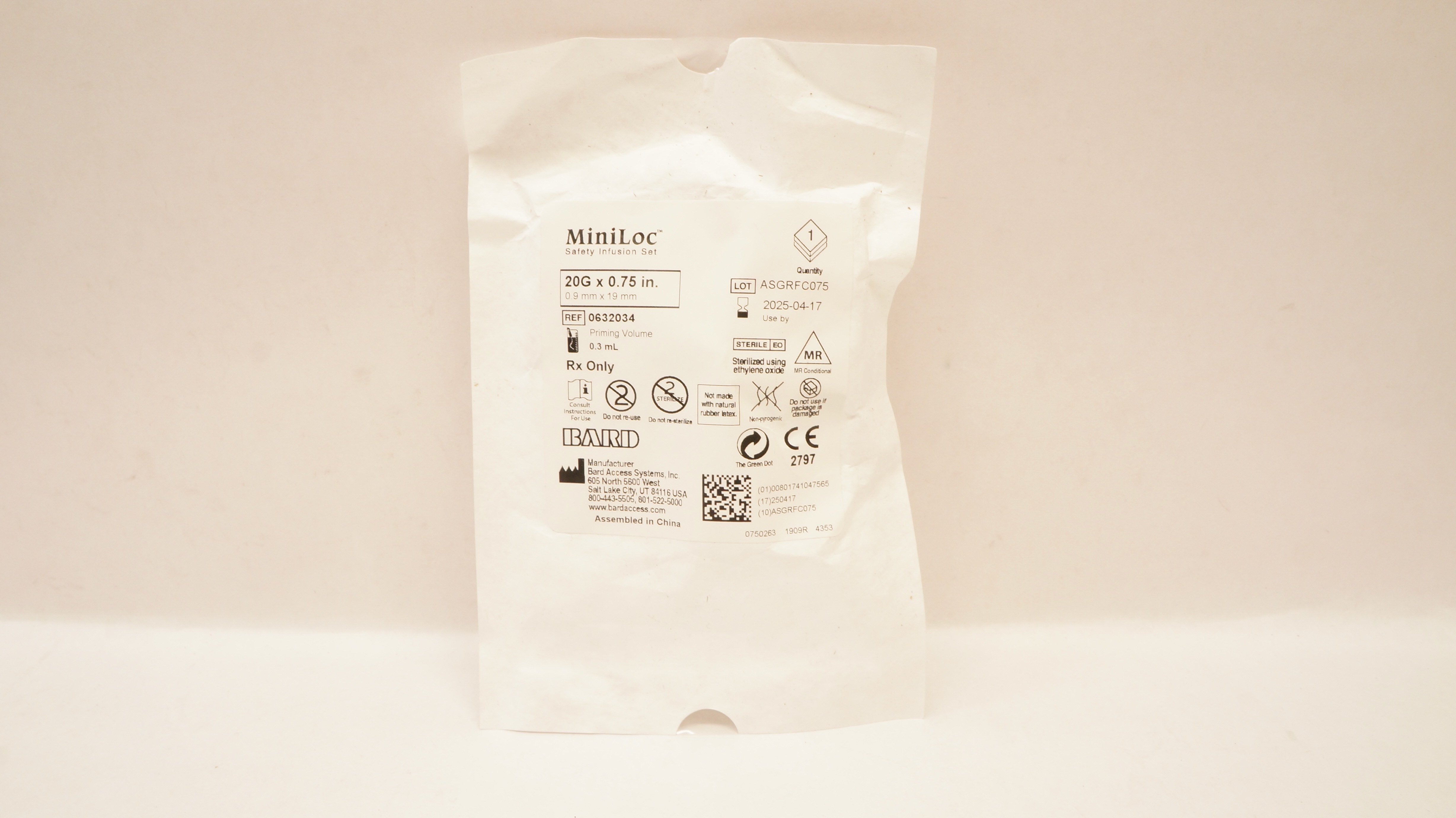Bard 0632034 MiniLoc Safety Infusion Set 20G x 0.75 inch, Priming Vol. 0.3ml