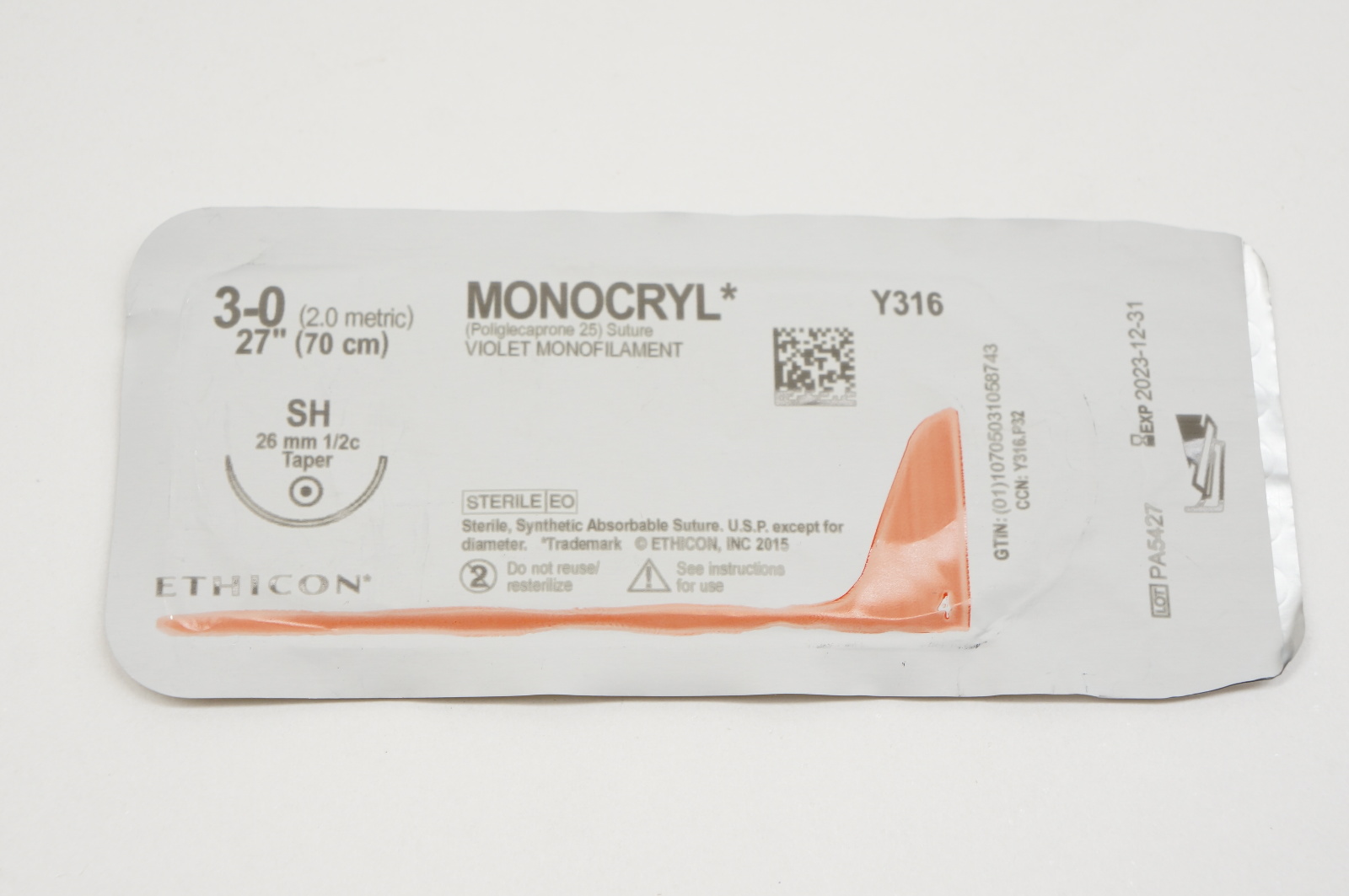 Ethicon Y316 3-0 MONOCRYL, SH, 26mm 1/2c Taper, 27inch