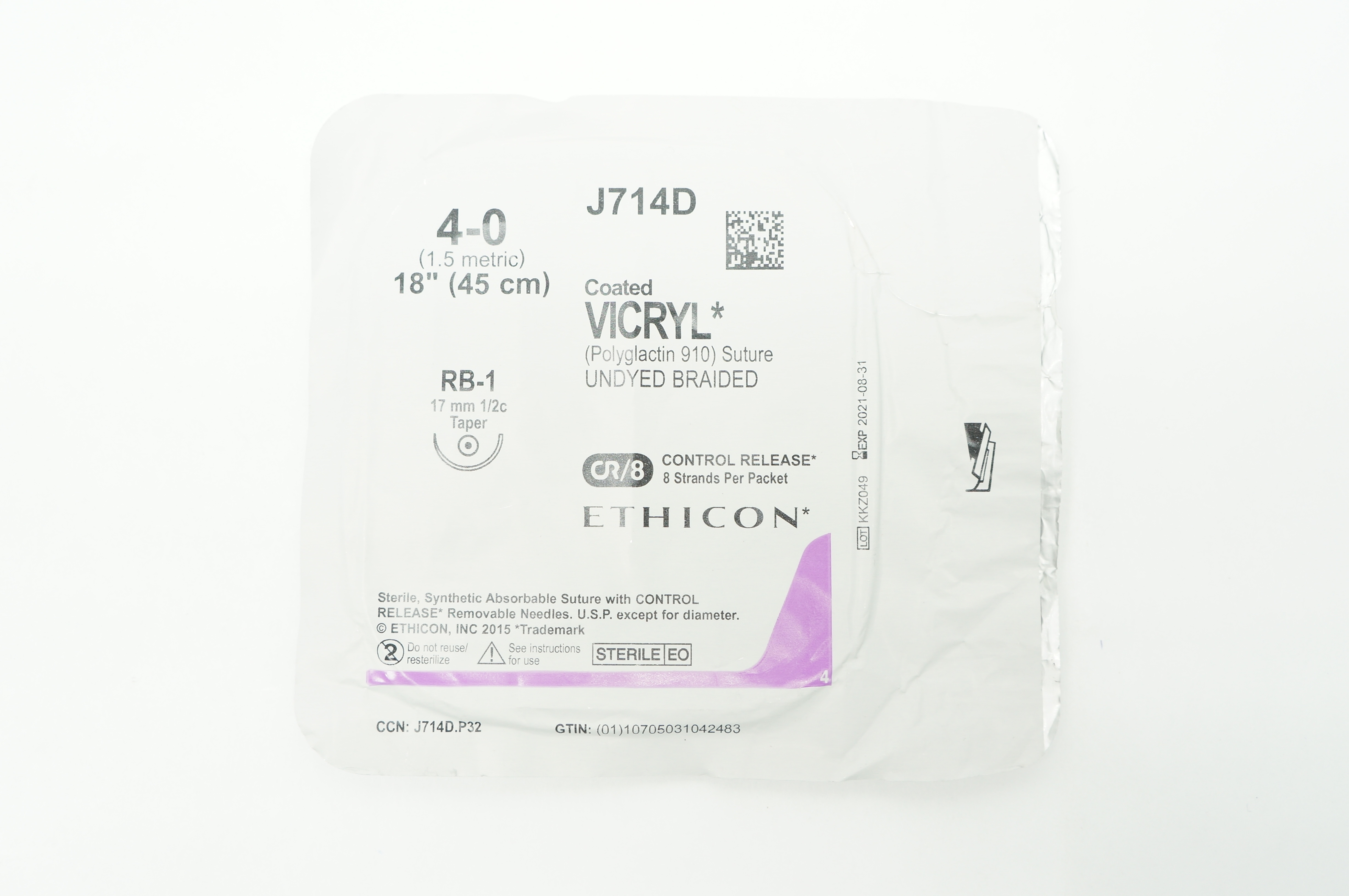 Ethicon J714D 4-0 Coated VICRYL RB-1 17mm 1/2c Taper 18inch