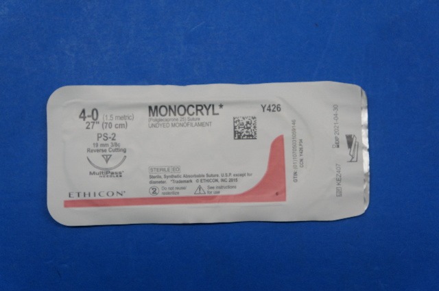 Ethicon Y426 4-0 MONOCRYL, PS-2 19mm 3/8c Reverse Cutting, 27inch