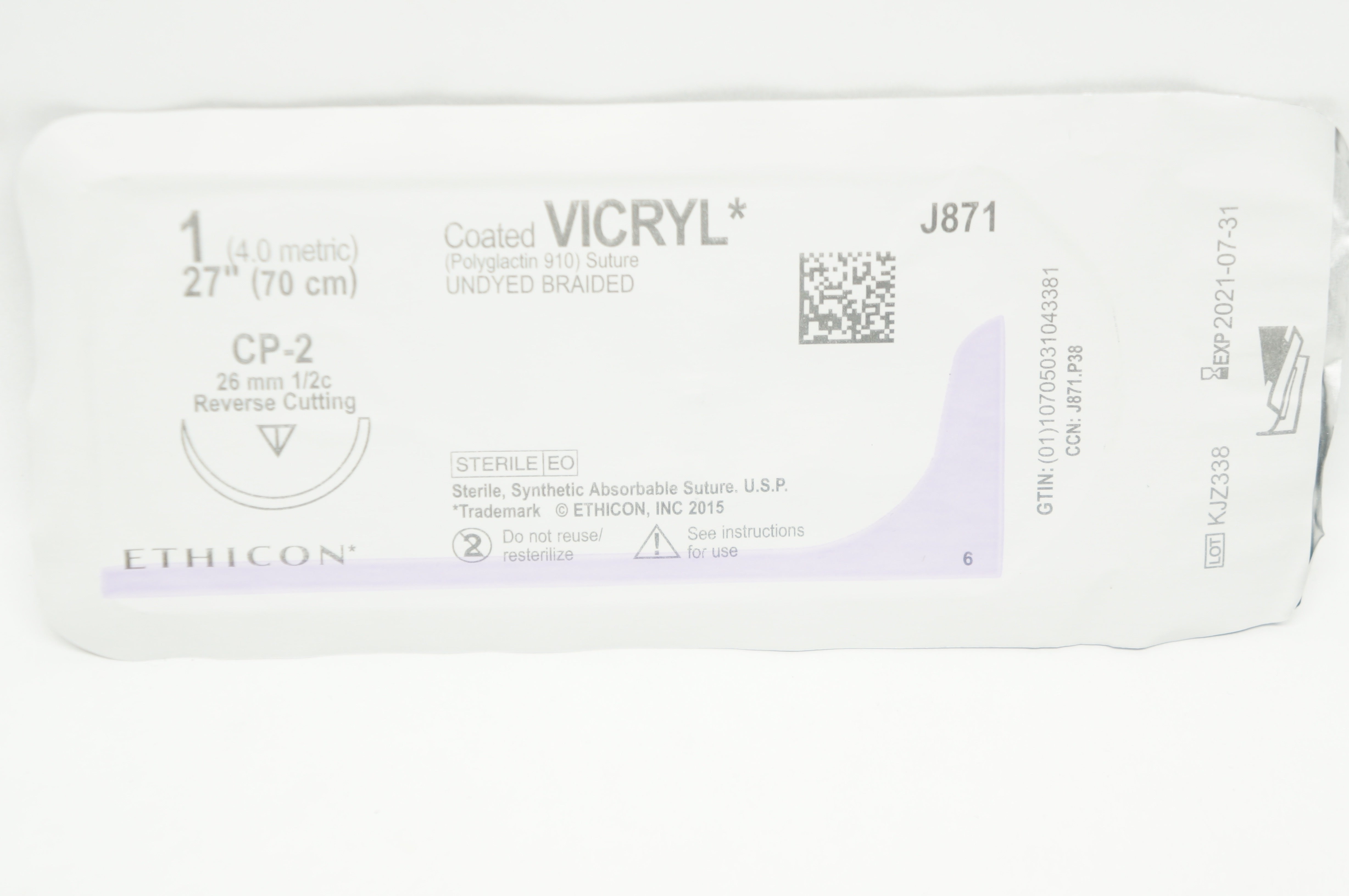 Ethicon J871H 1 VICRYL, CP-2, 26mm 1/2c Reverse Cutting, 27inch (x)