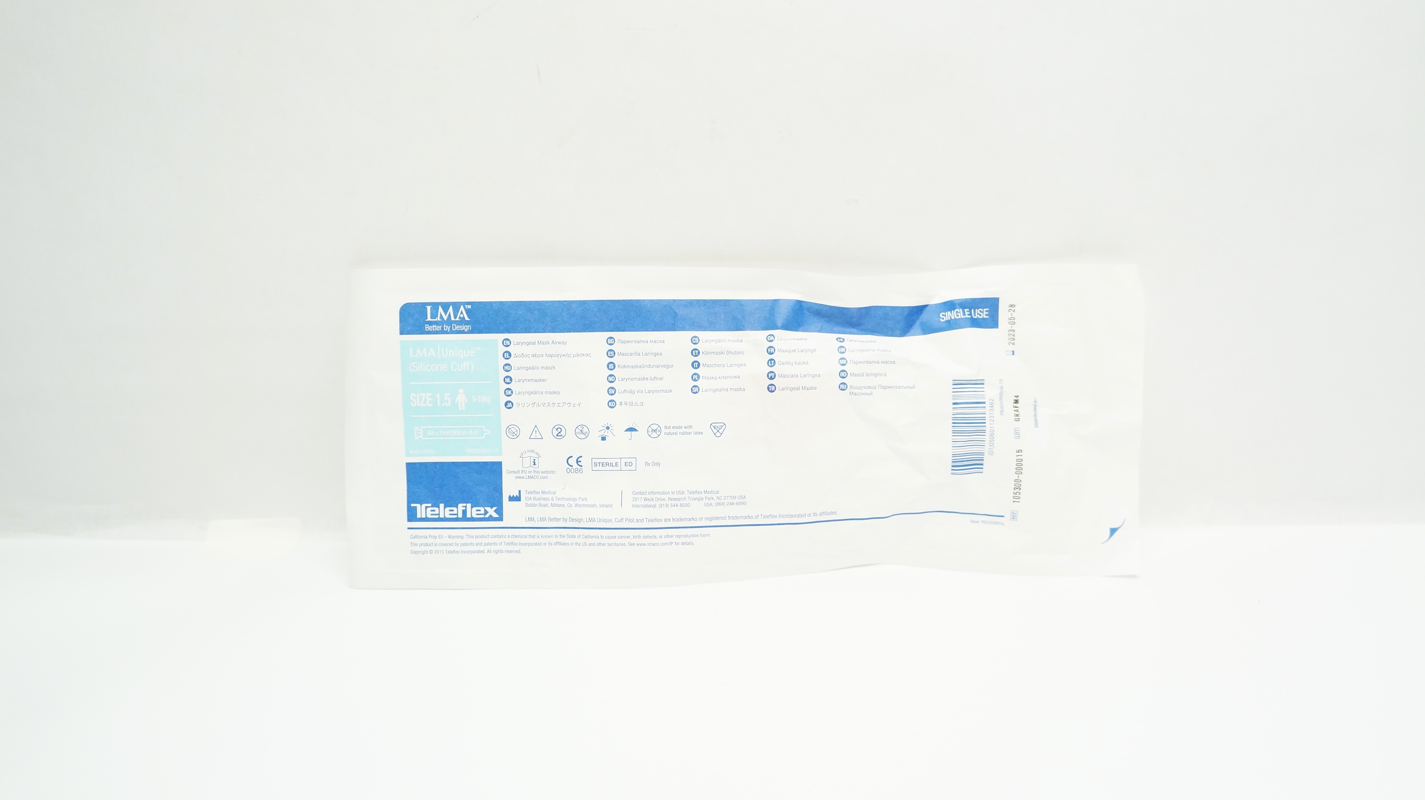 Teleflex 105300-000015 Laryngeal Mask Airway Unique Silicone Cuff Size 1.5 (x)