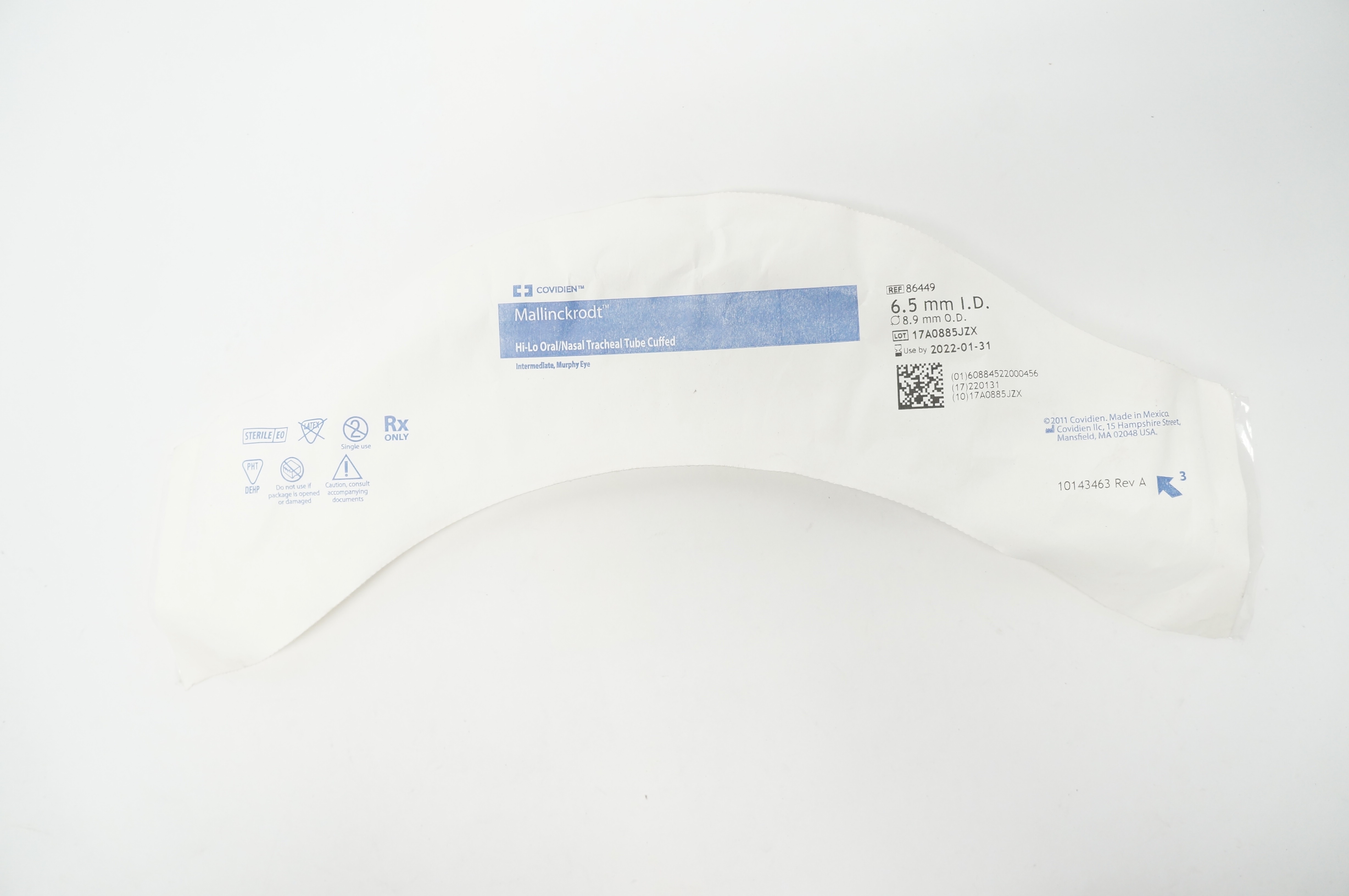 Covidien 86449 Shiley Hi-Lo Oral/Nasal Tracheal Tube Cuffed 6.5 x 8.9mm (x)