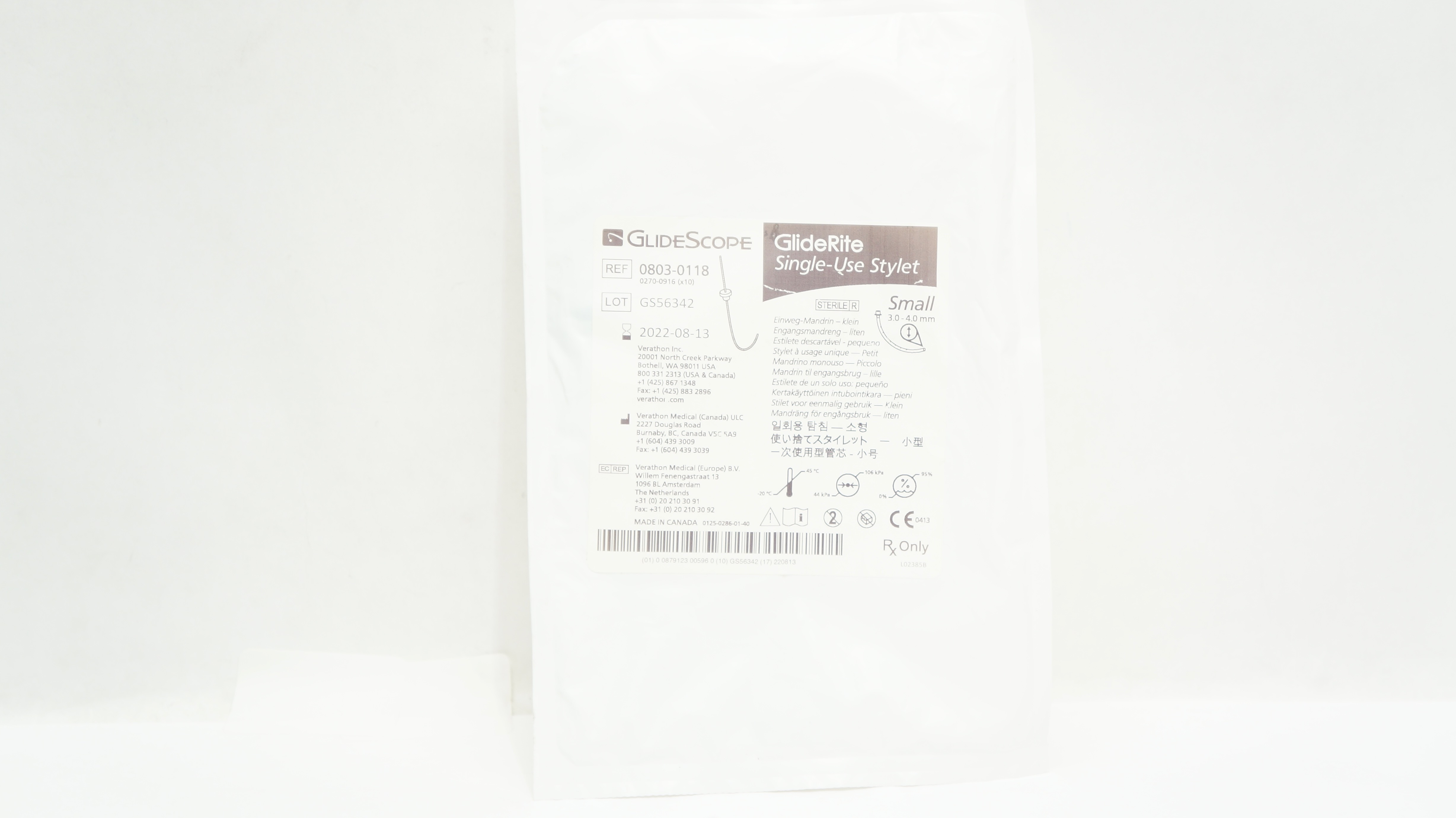 GlideScope 0803-0118 GlideRite Single-Use Stylet Small 3.0 - 4.0mm (x)
