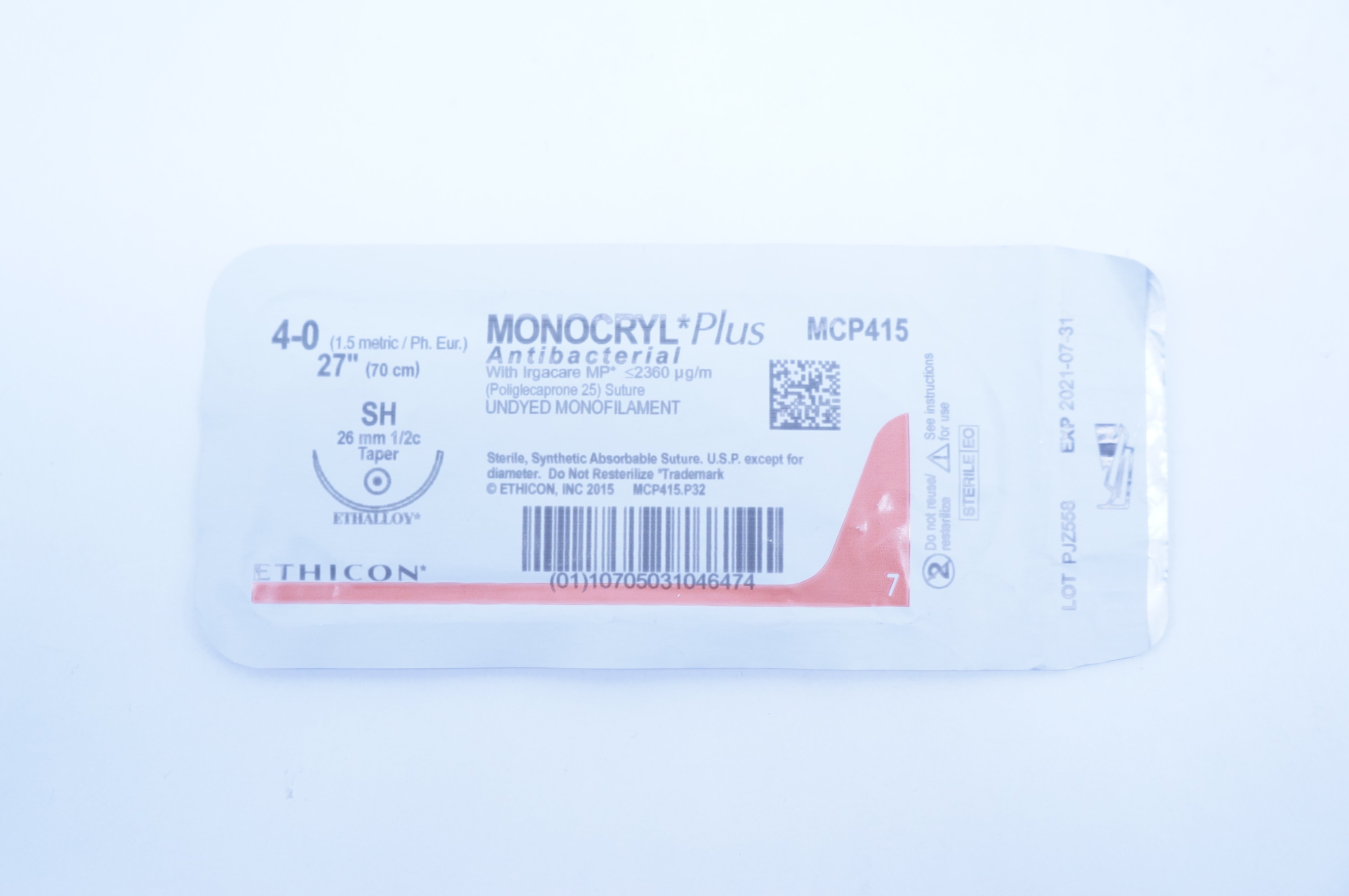 Ethicon MCP415 4-0 MONOCRYL Plus, SH, 26mm 1/2c Taper, 27inch