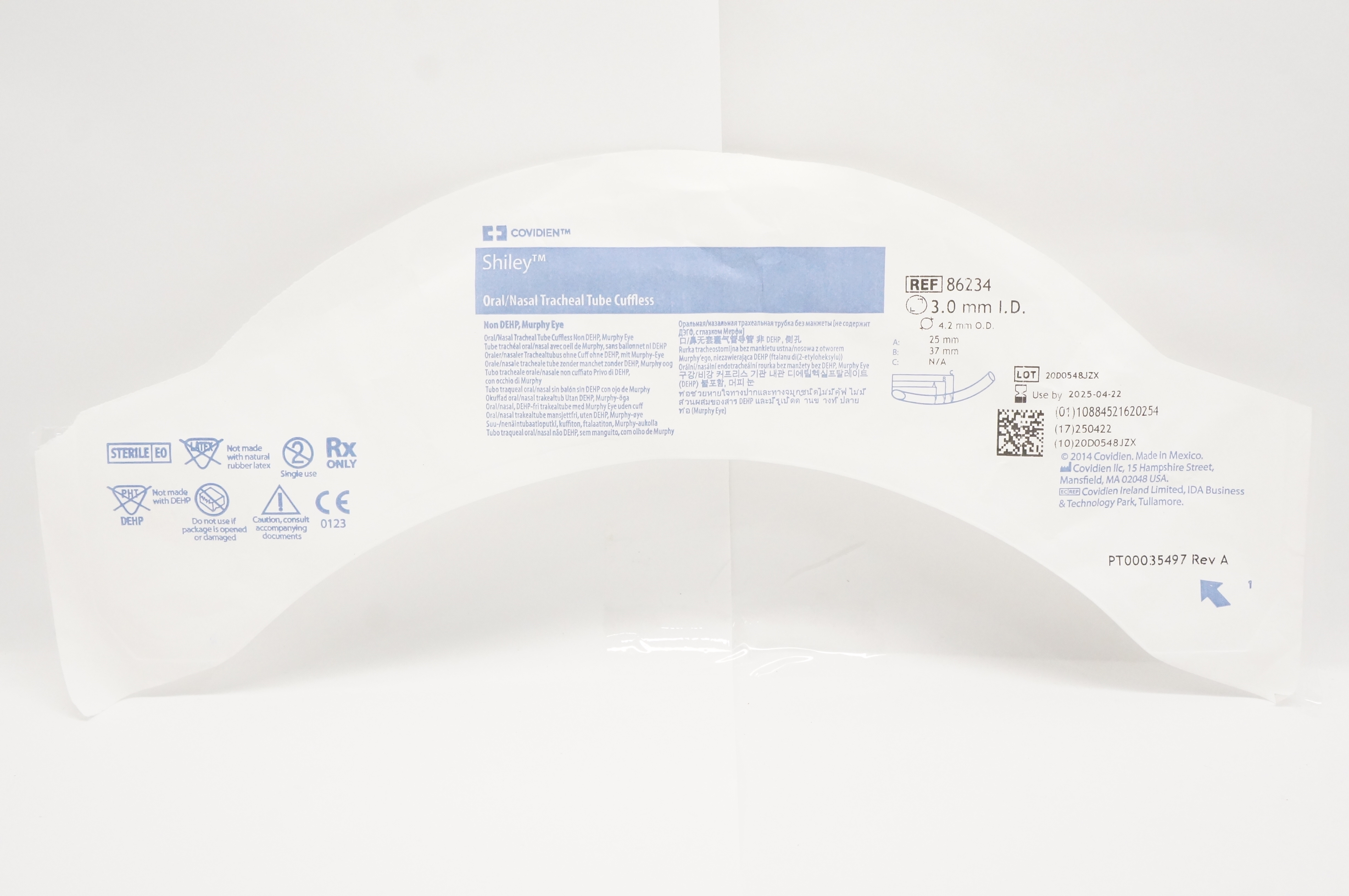 Covidien 86234 Shiley Oral/Nasal Tracheal Tube Cuffless 3.0mm I.D. x 4.2mm O.D.