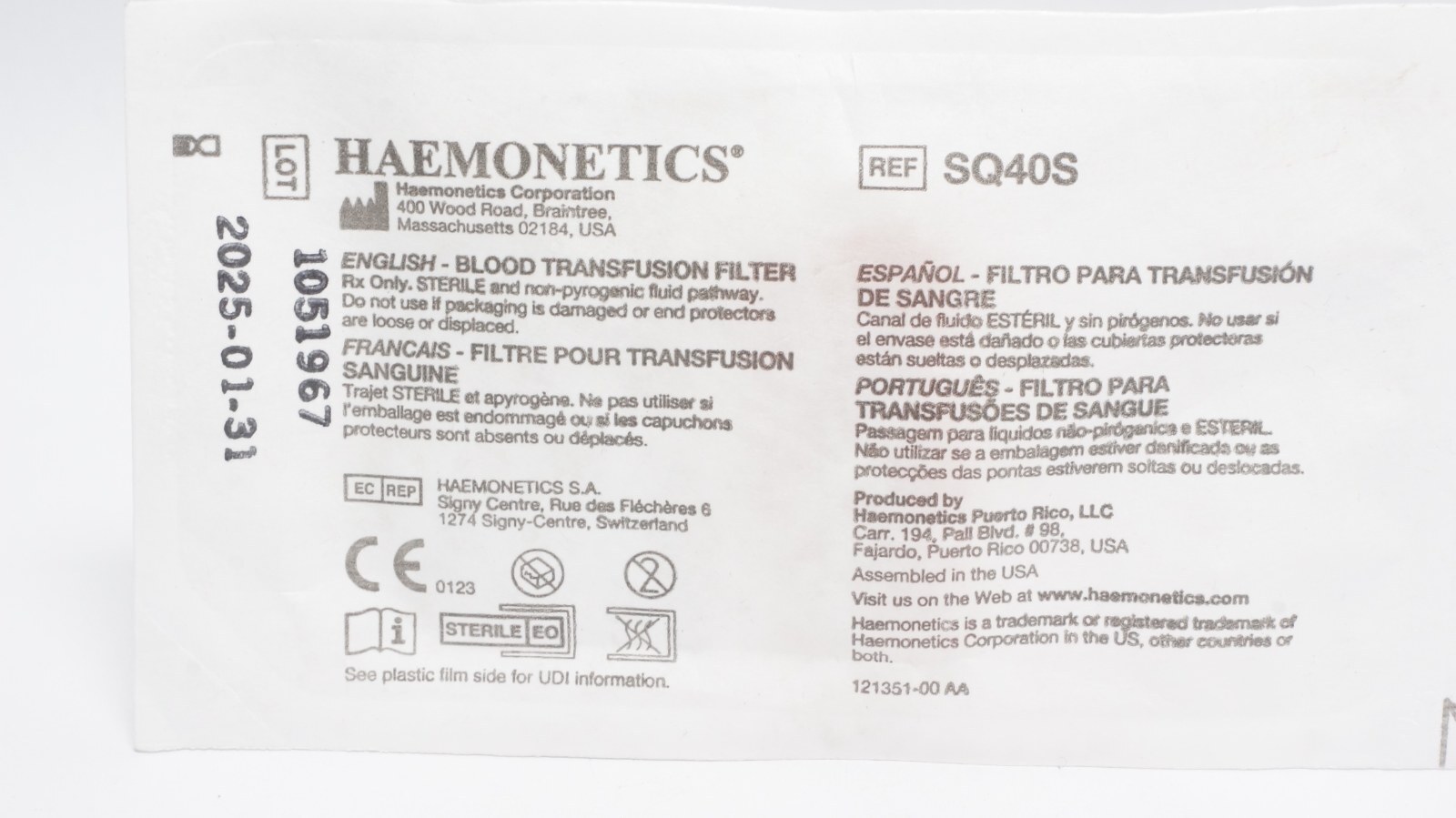 Haemonetics SQ40S Blood Transfusion Filter Sterile
