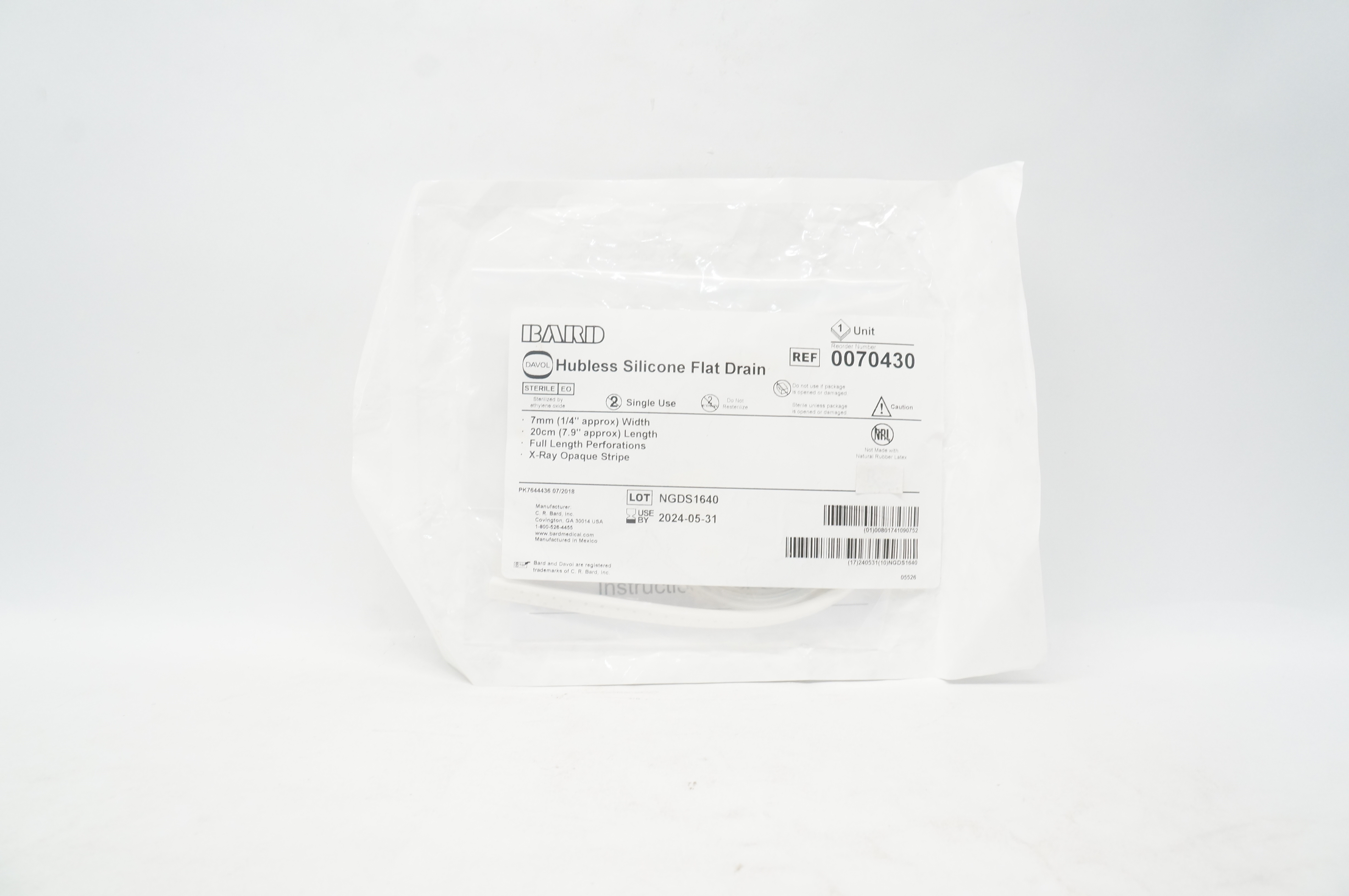 Bard 0070430 Hubless Silicone Flat Drain 1/4 inch x 7.9 inch Approx.