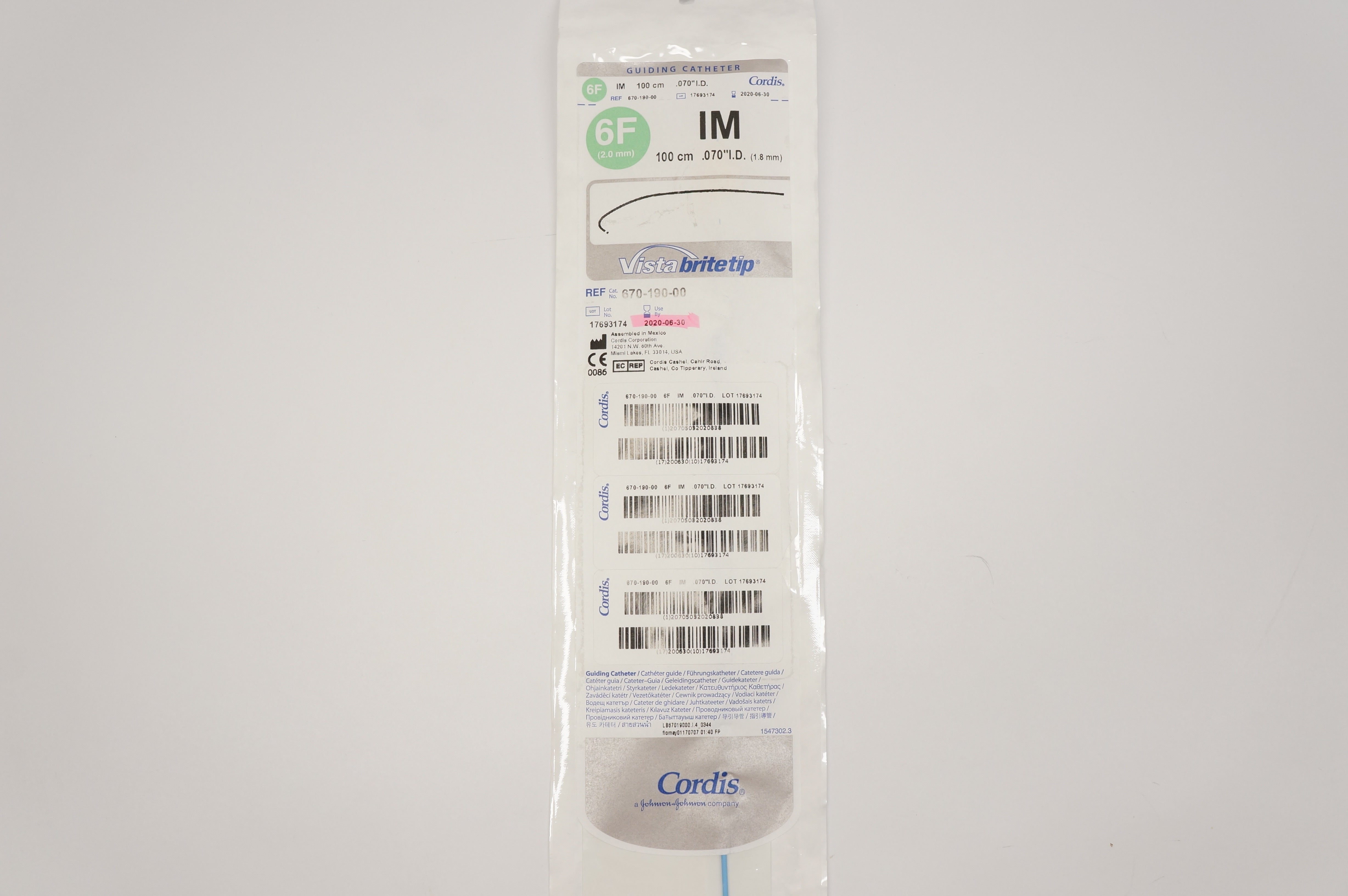 Cordis 670-190-00 Vistabritetip Guiding Catheter 6F IM 100cm x 1.8mm (x)