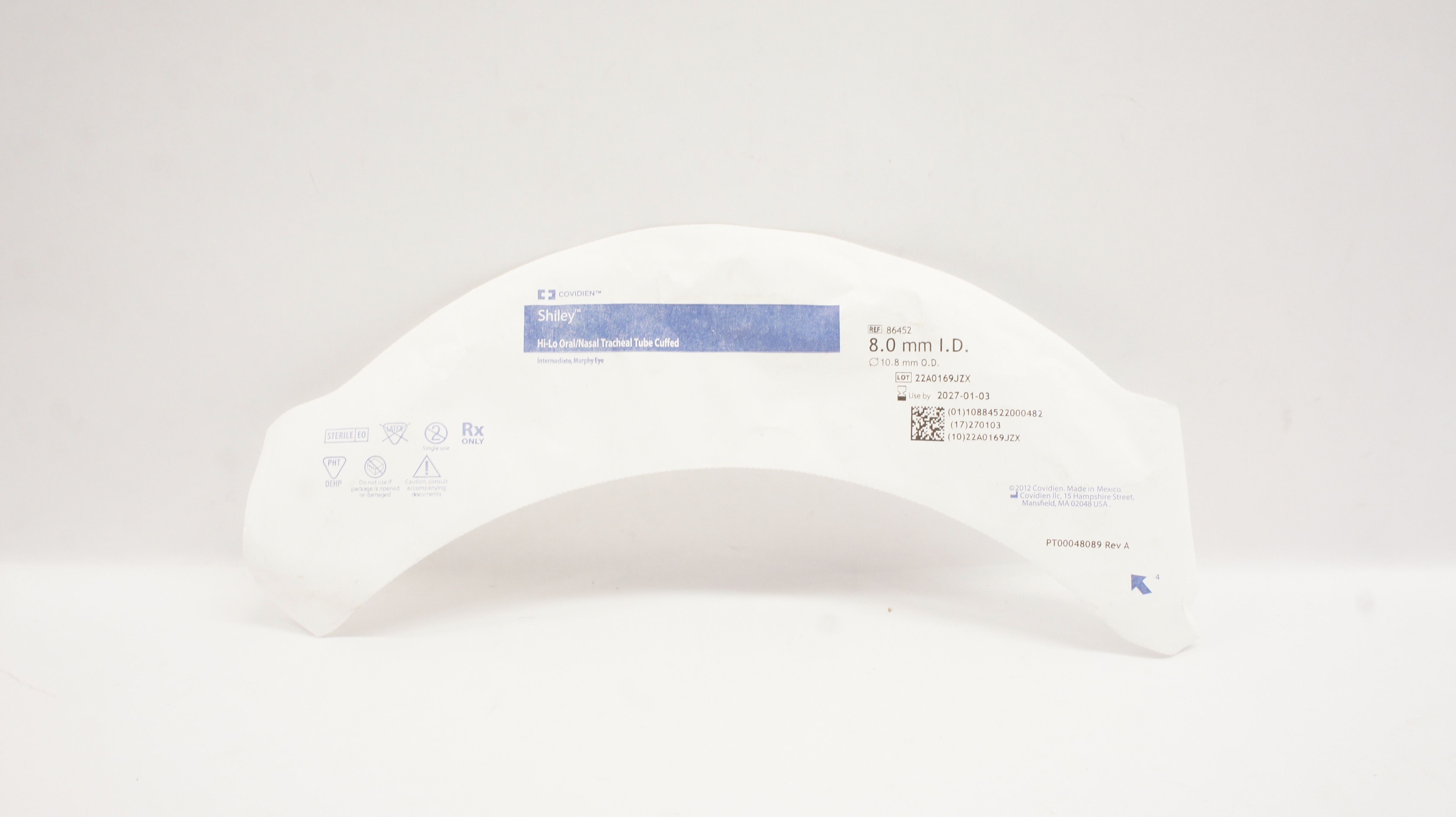 Covidien 86452 Shiley Hi-Lo Oral/Nasal Tracheal Tube Cuffed 8.0 x 10.8mm