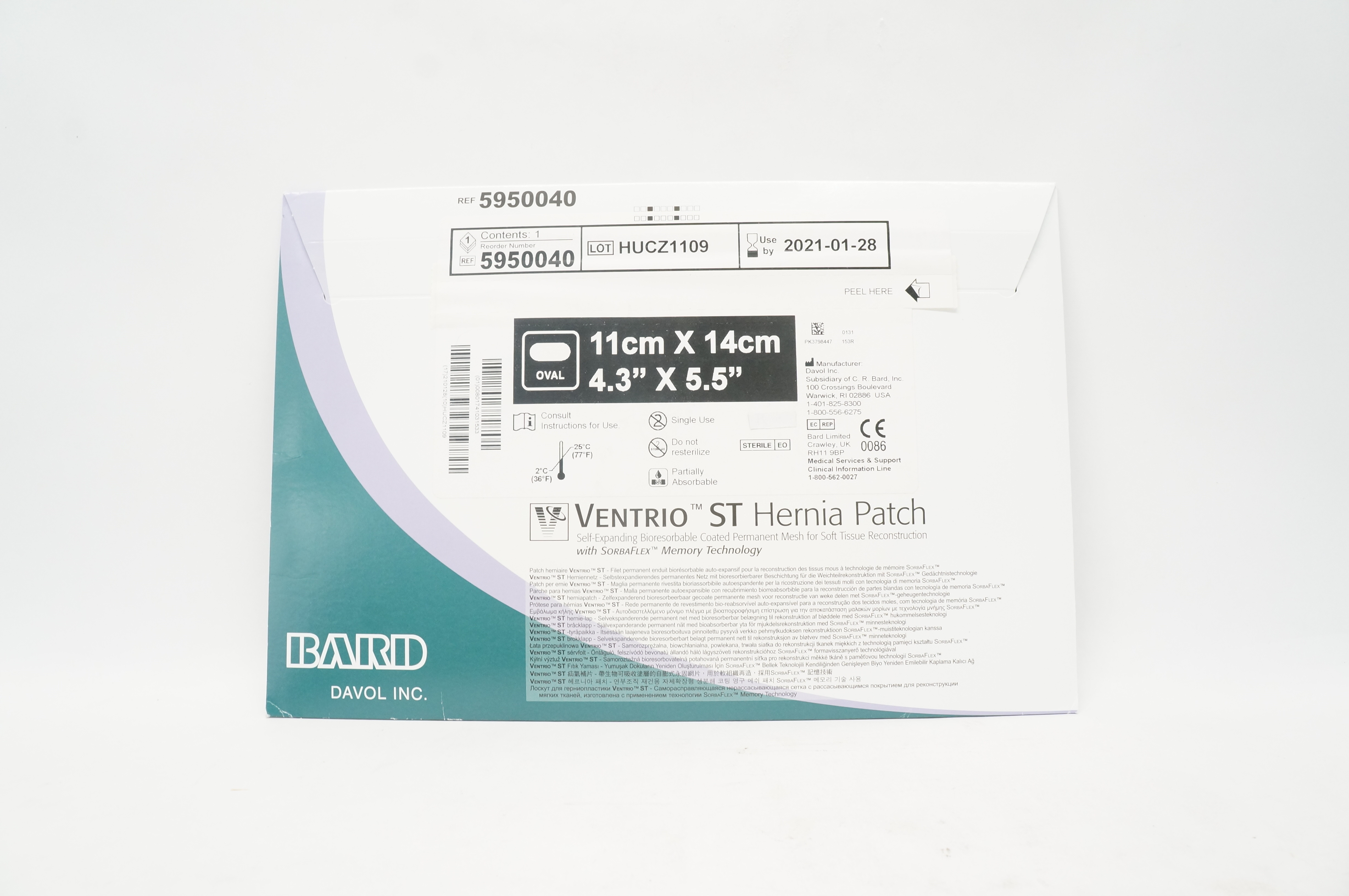 Bard 5950040 Davol Ventrio ST Hernia Patch 4.3 inch x 5.5 inch Oval (x)