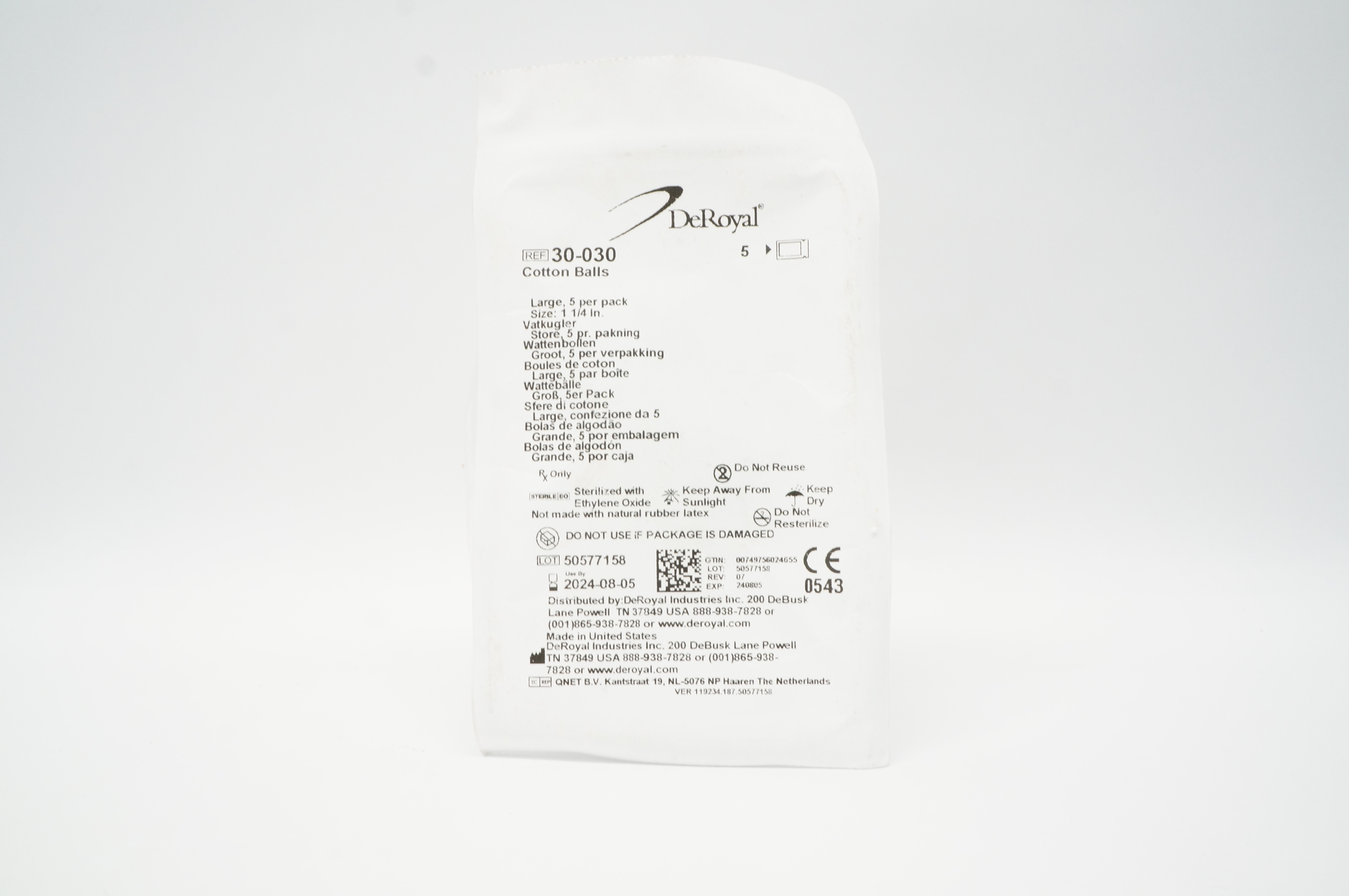 DeRoyal 30-030 Cotton Balls Large, Size 1-1/4inch - Pack of 5