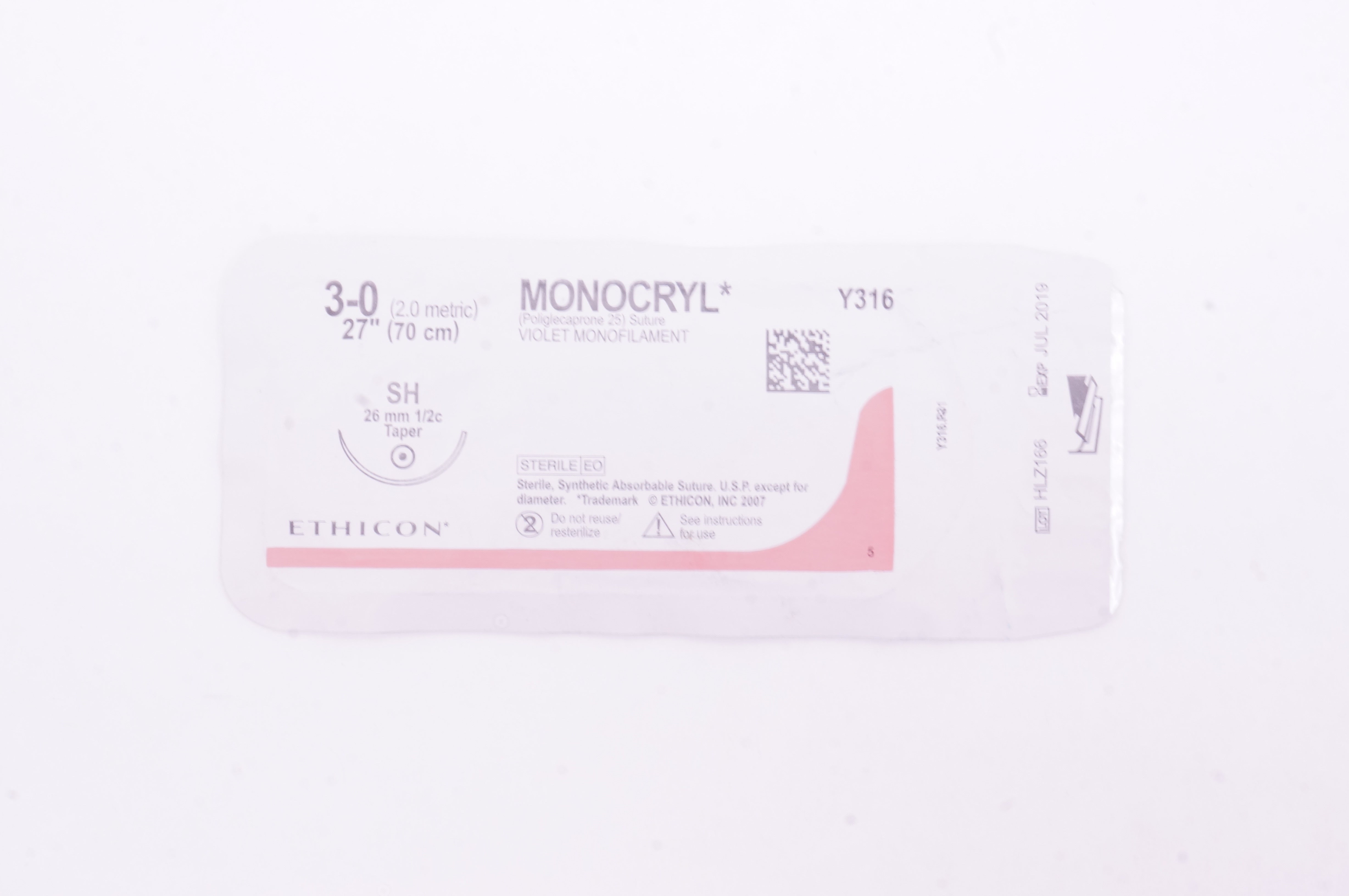 Ethicon Y316 3-0 Monocryl Poliglecaprone 25 Stre SH 26mm 1/2c Taper, 27 inch (x)