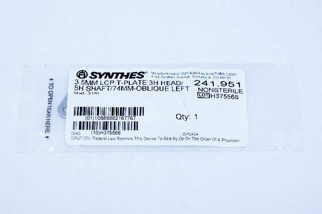 Synthes 241.951 3.5mm LCP T-Plate: 3H Head / 5H Shaft / 74mm / Oblique Left