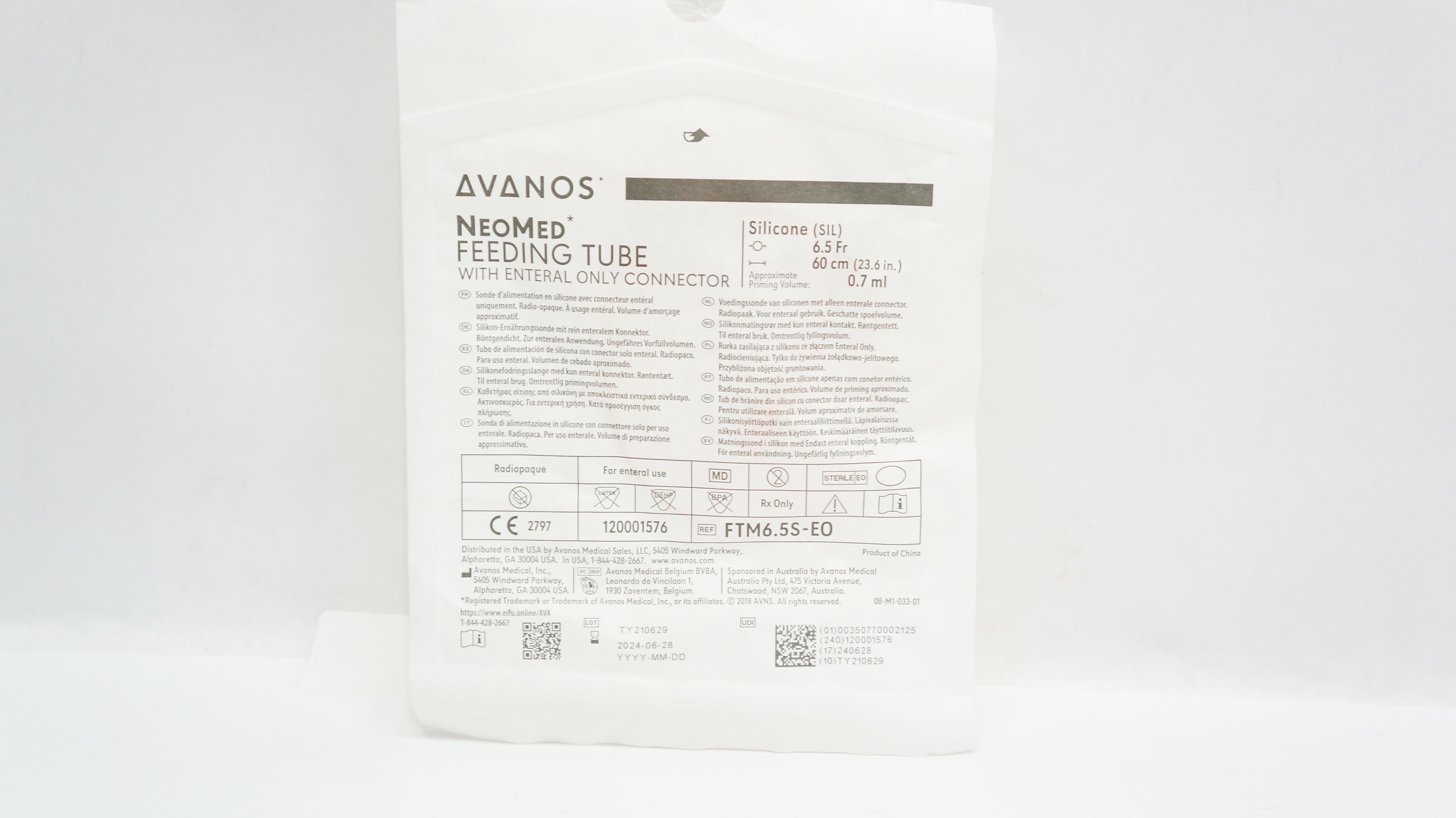 Avanos FTM6.5S-EO Radiopaque SIL Enteral Feeding Tube 6.5.0Fr. x 60cm