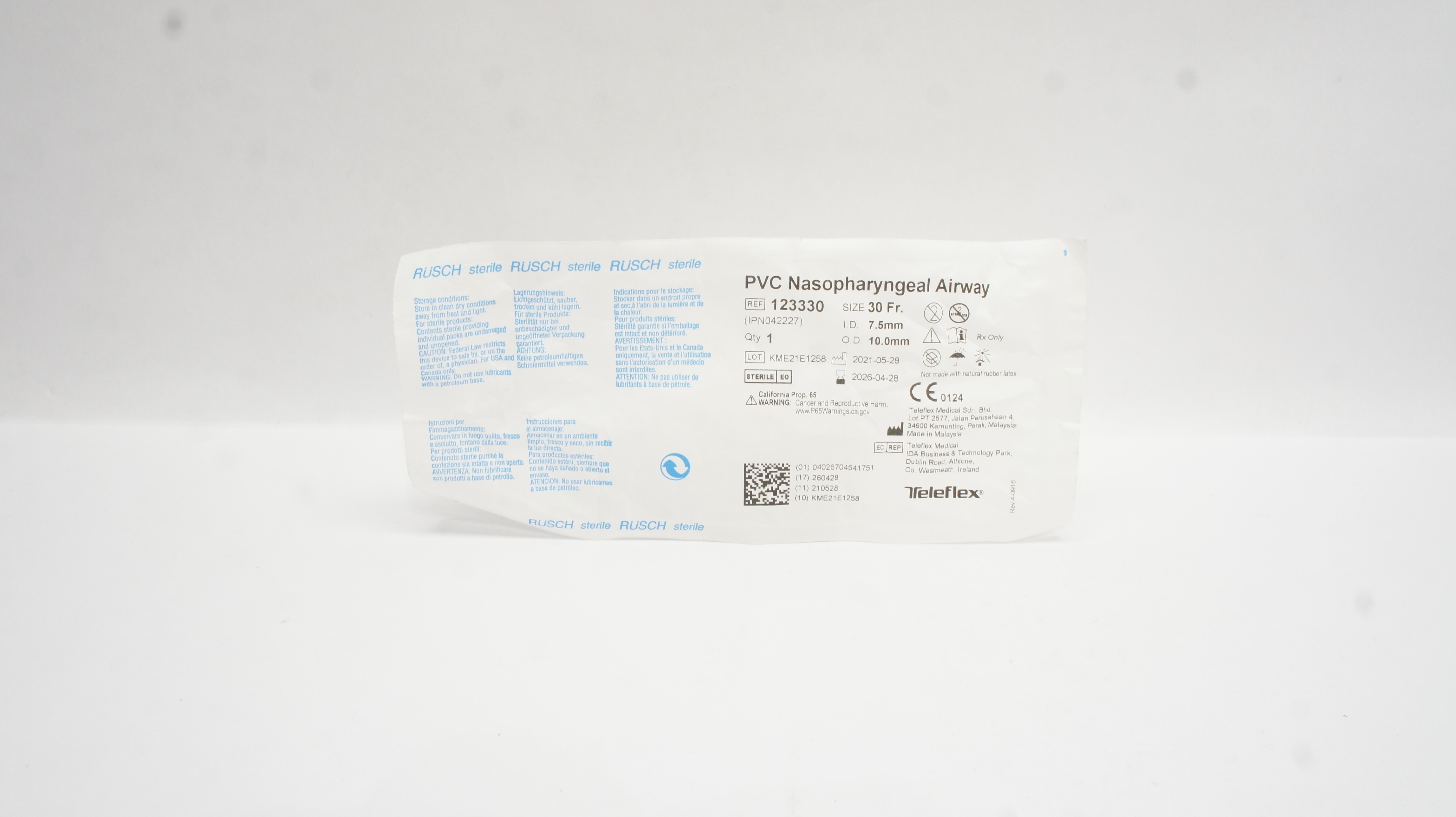 Teleflex 123330 Rusch PVC Nasopharyngeal Airway 30Fr x 7.5mm I.D. x 10.0 O.D. mm