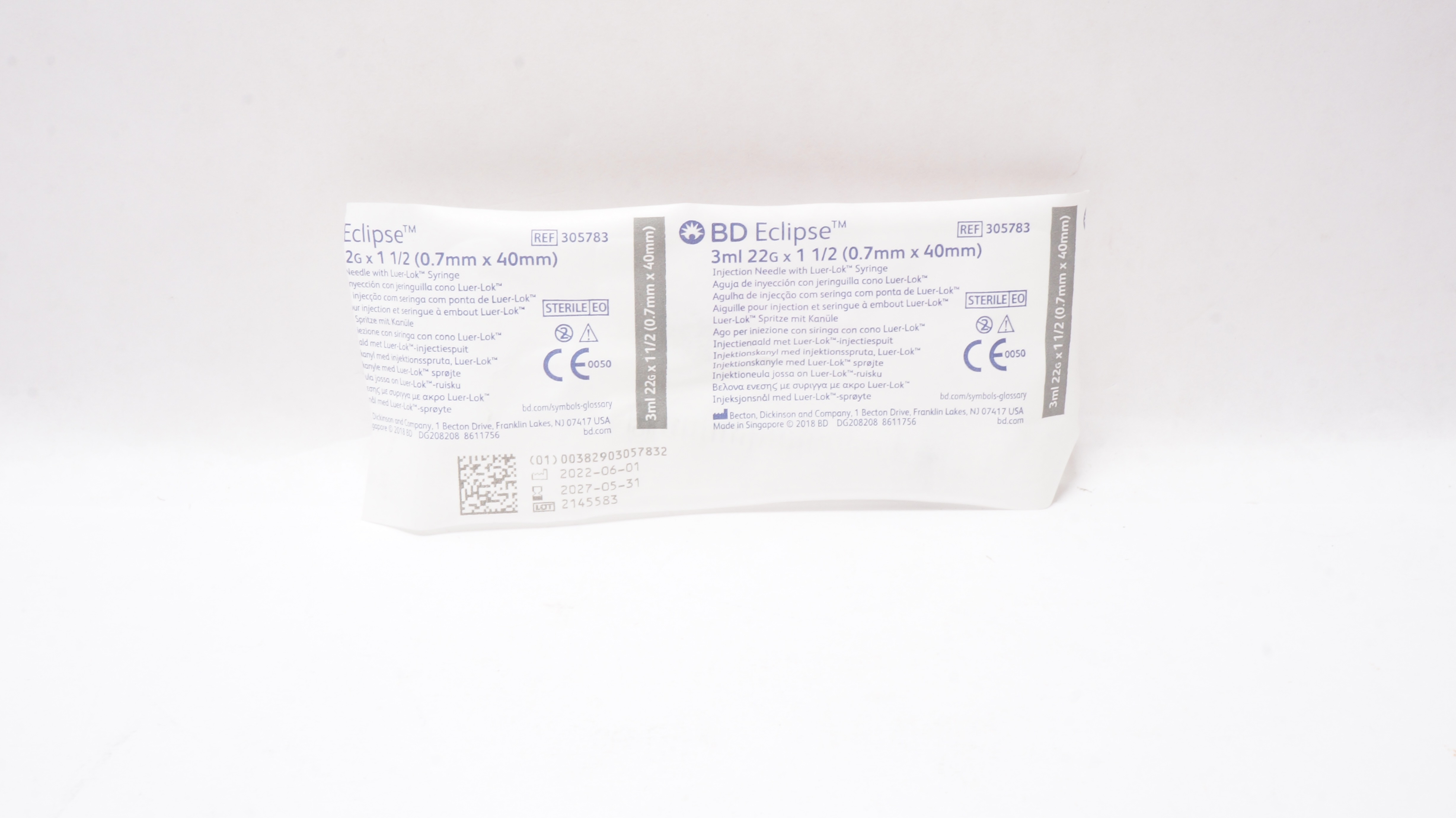 BD 305783 Eclipse Injection Ndle with Luer-Lok Syringe 3ml, 22G x 1 1/2inch