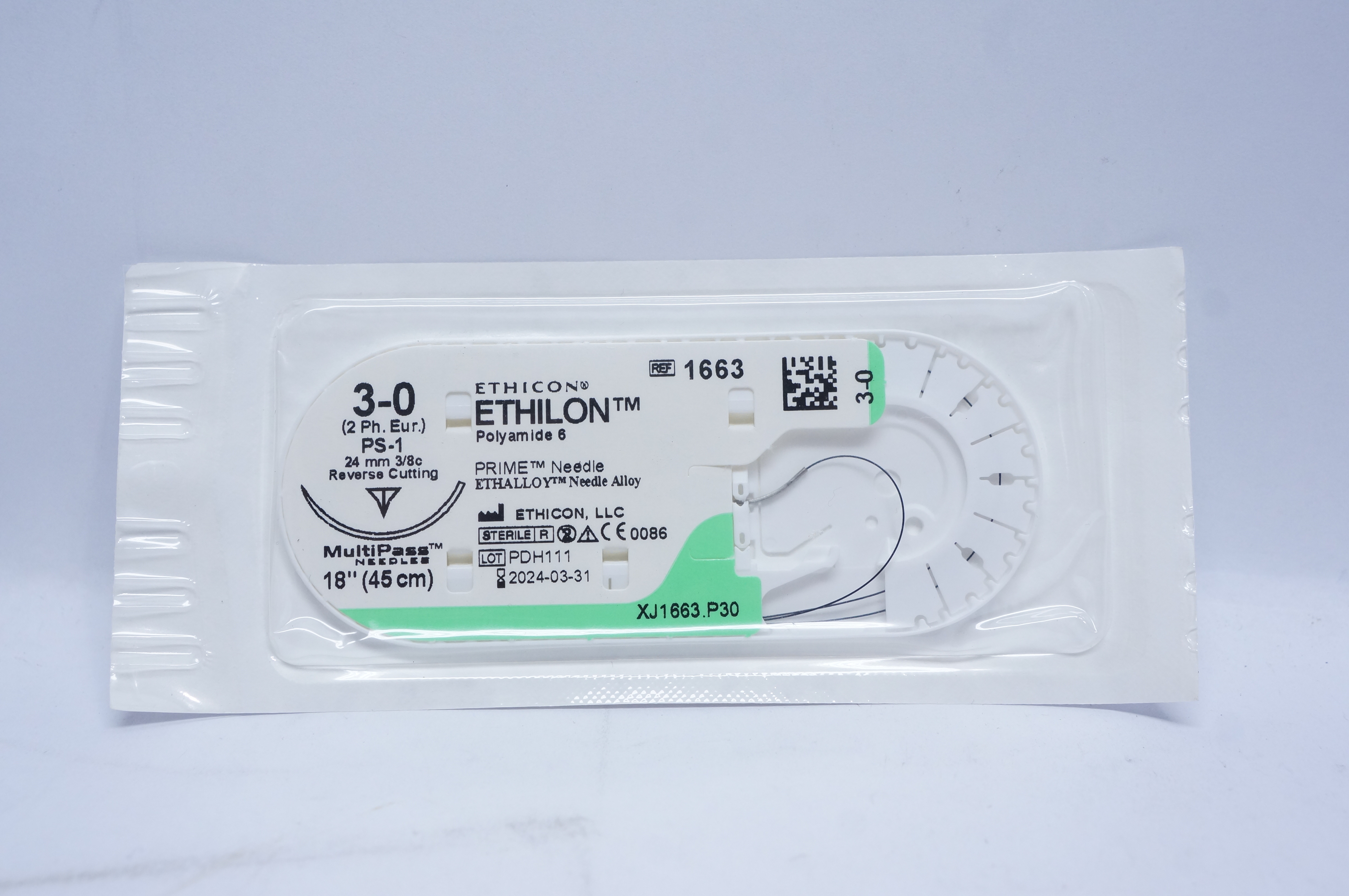 Ethicon 1663 3-0 ETHILON, PS-1, 24mm 3/8c Reverse Cutting, 18inch