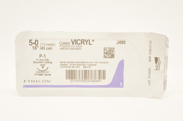 Ethicon J490 5-0 Coated VICRYL Stre P-1 11mm 3/8c Reverse Cutting, 18inch