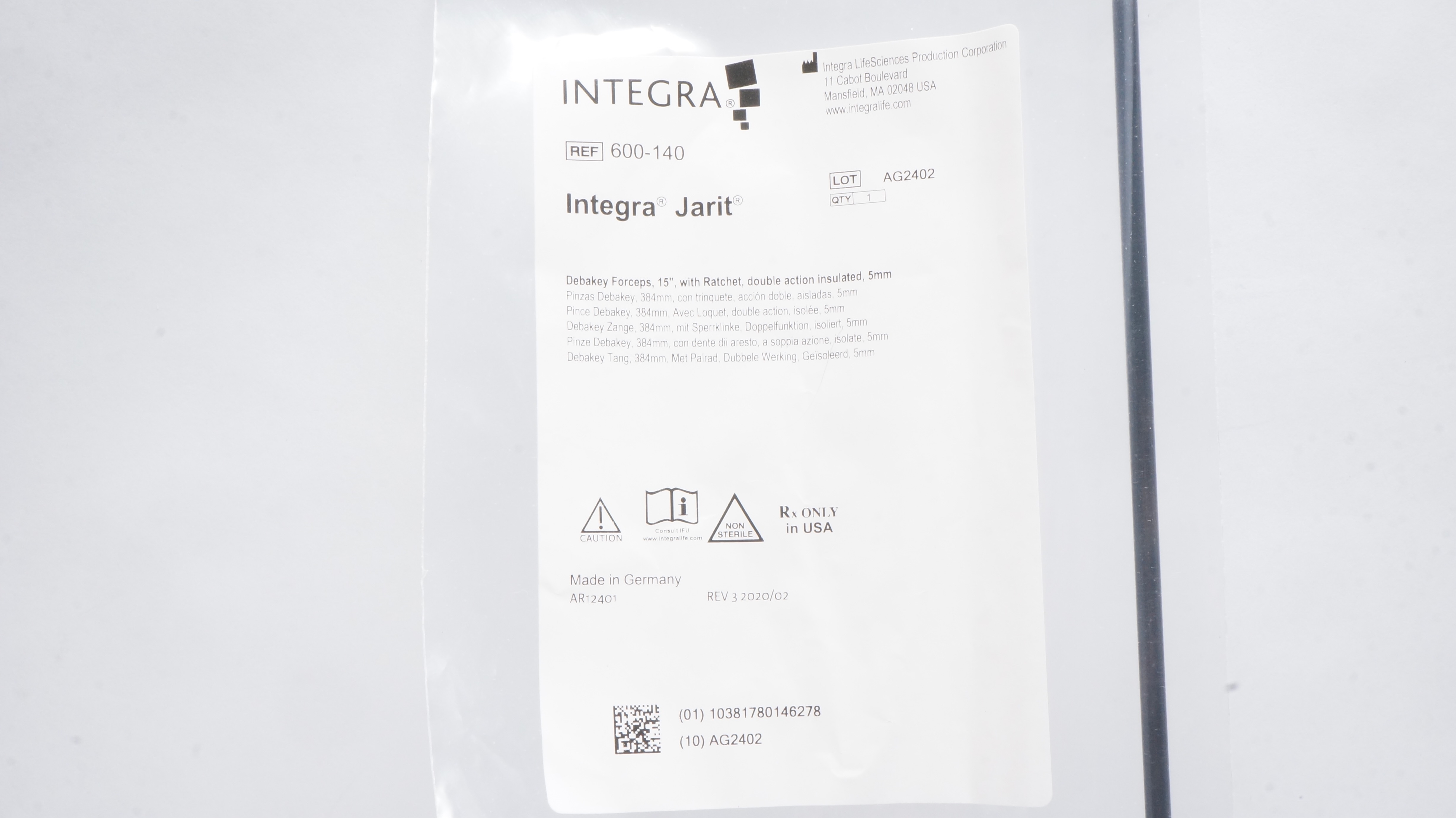 Integra 600-140 Jarit Debakey Forceps 15inch W/Double Action Insulated 5mm
