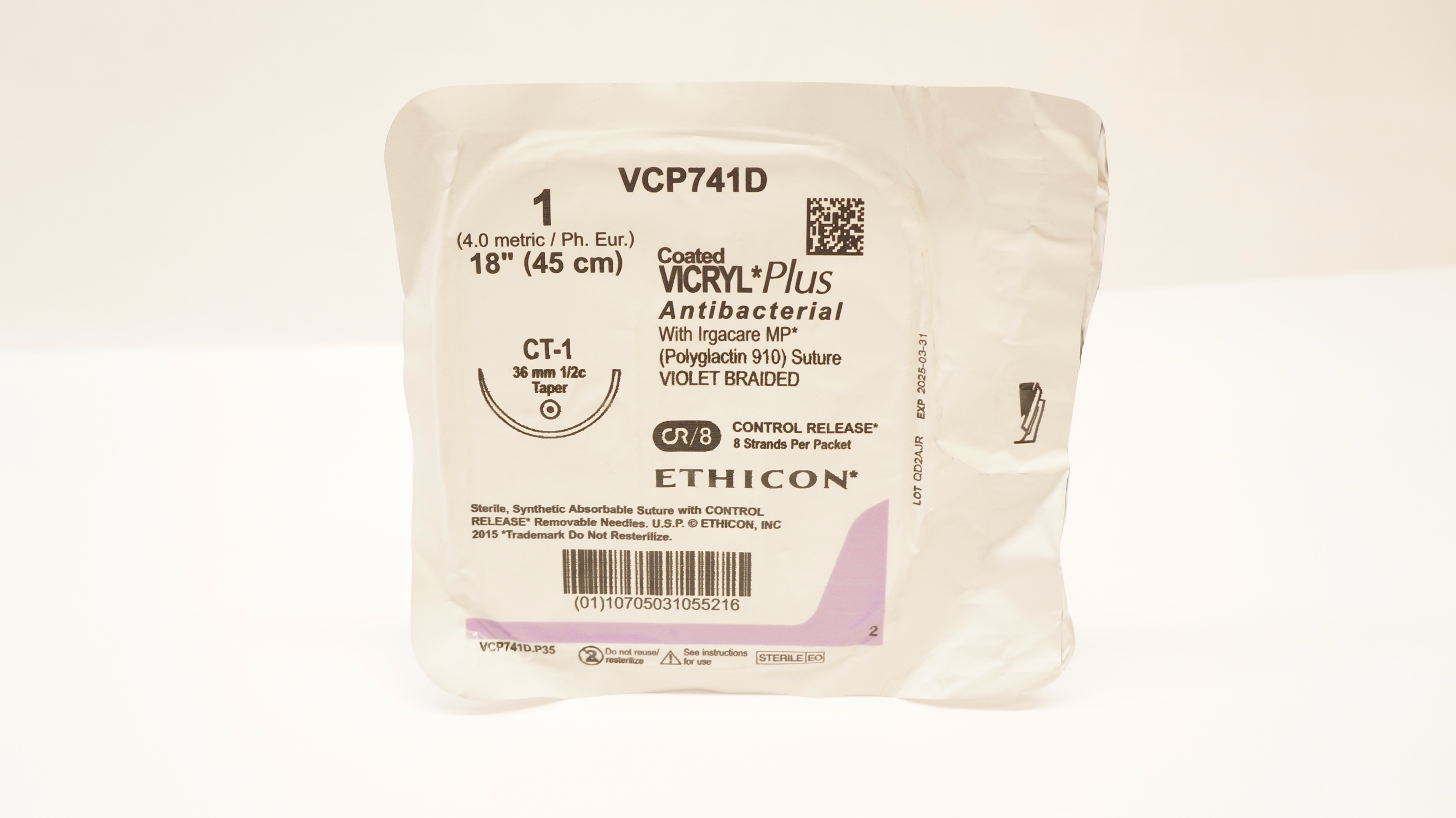 Ethicon VCP741D 1 VICRYL Plus Polyglactin Stre CT-1 36mm 1/2c Taper, 18inch
