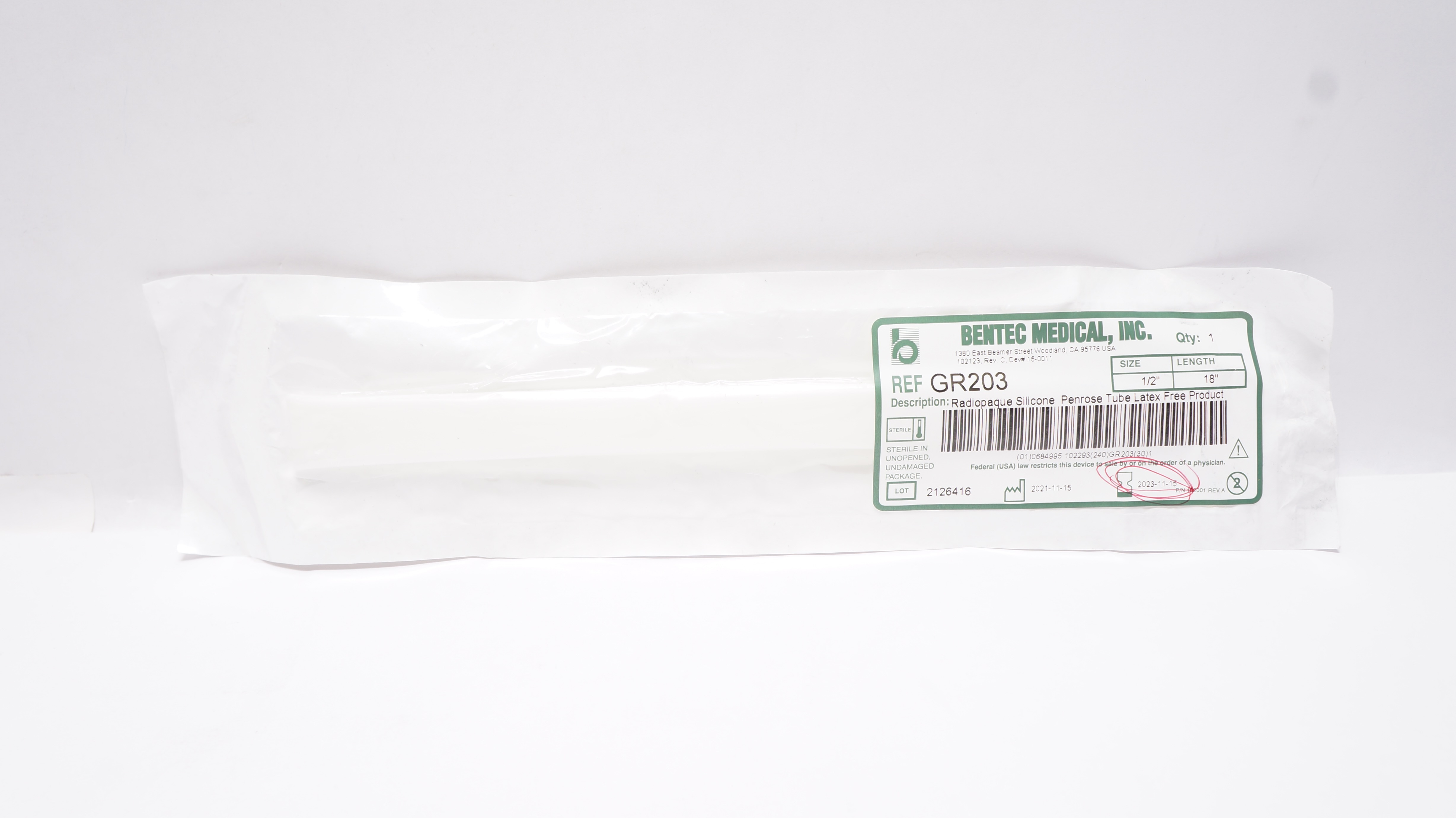 Bentec Medical GR203 Radiopaque Silicone Penrose Tube 1/2inch x 18inch (x)