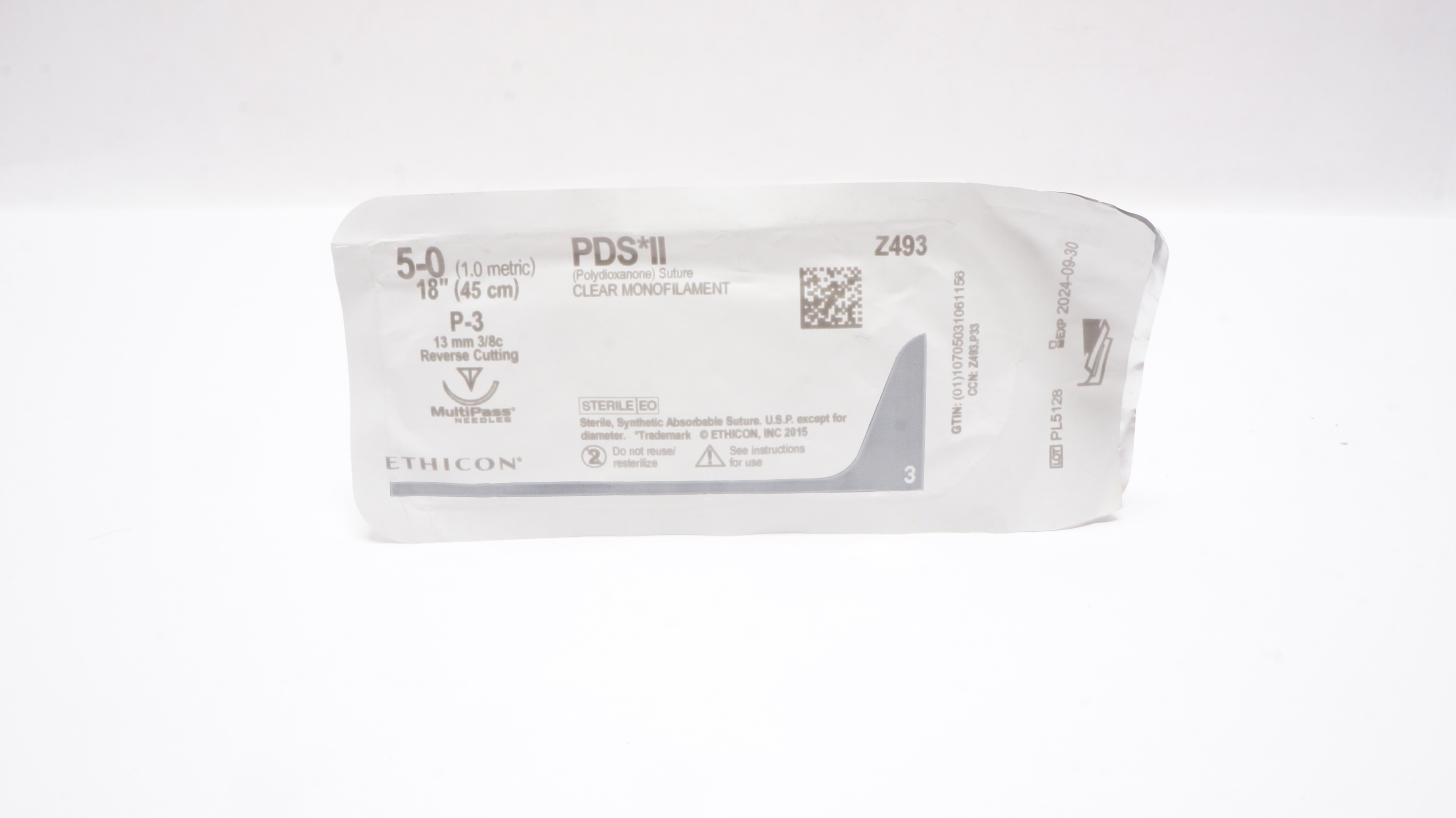 Ethicon Z493 5-0 PDS II Polydioxanone Stre P-3 13mm 3/8c Reverse Cutting, 18inch