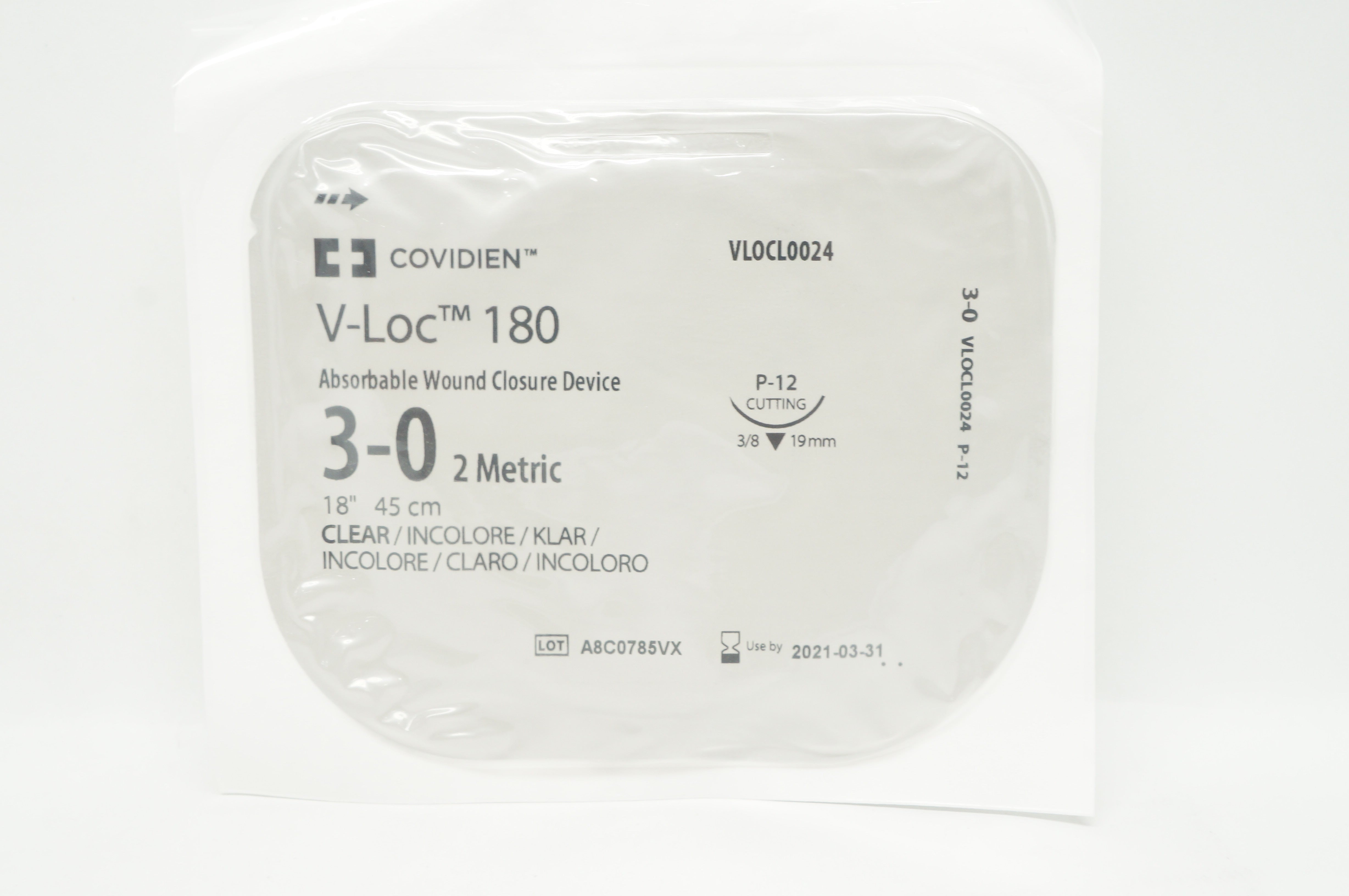 Covidien VLOCL0024 3-0 V-Loc 180 Wound Closure P-12 3/8 19mm Cutting 18inch(x)
