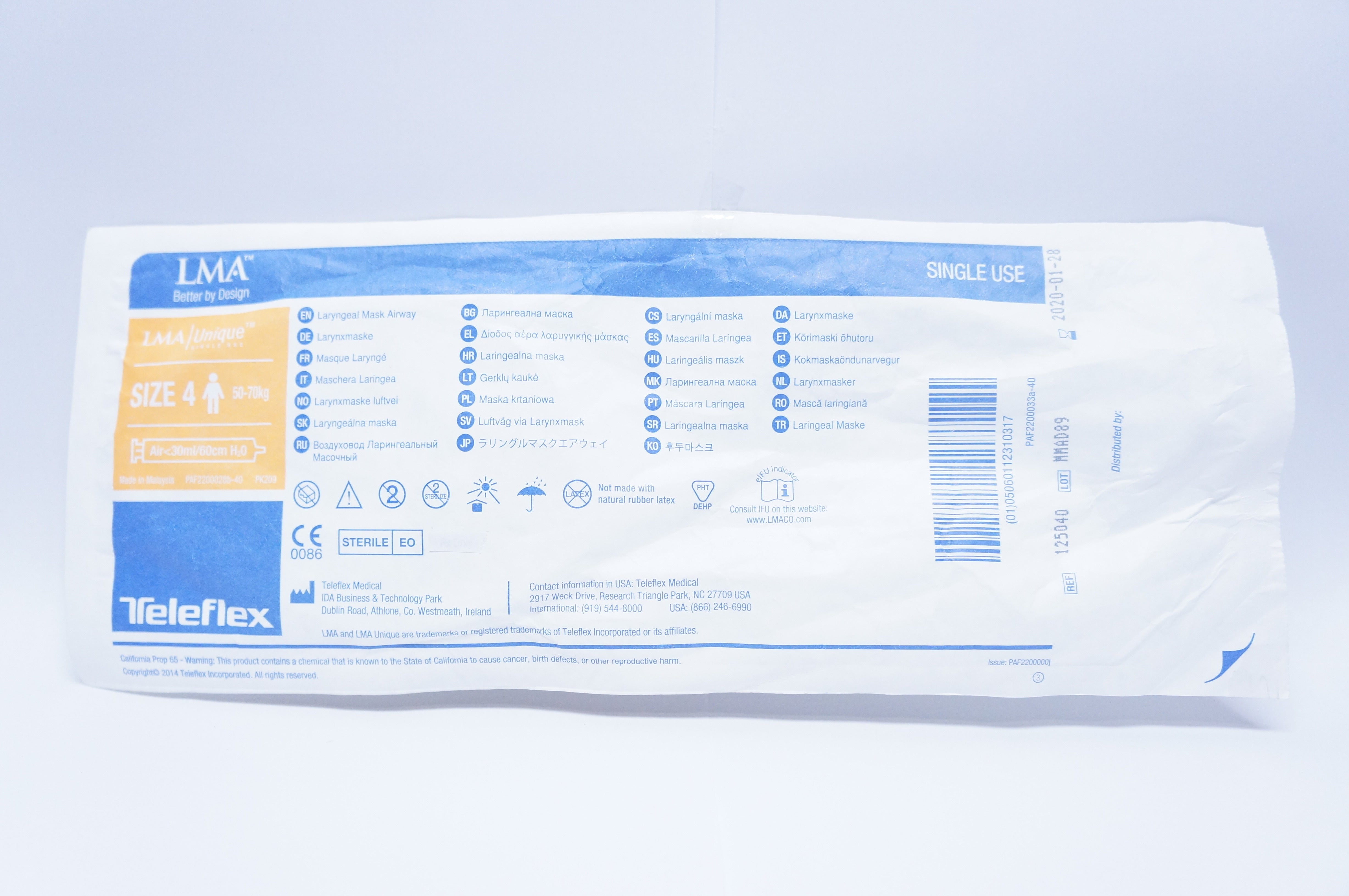Teleflex 125040 Laryngeal Mask Airway, Size 4 50-70kg (x)