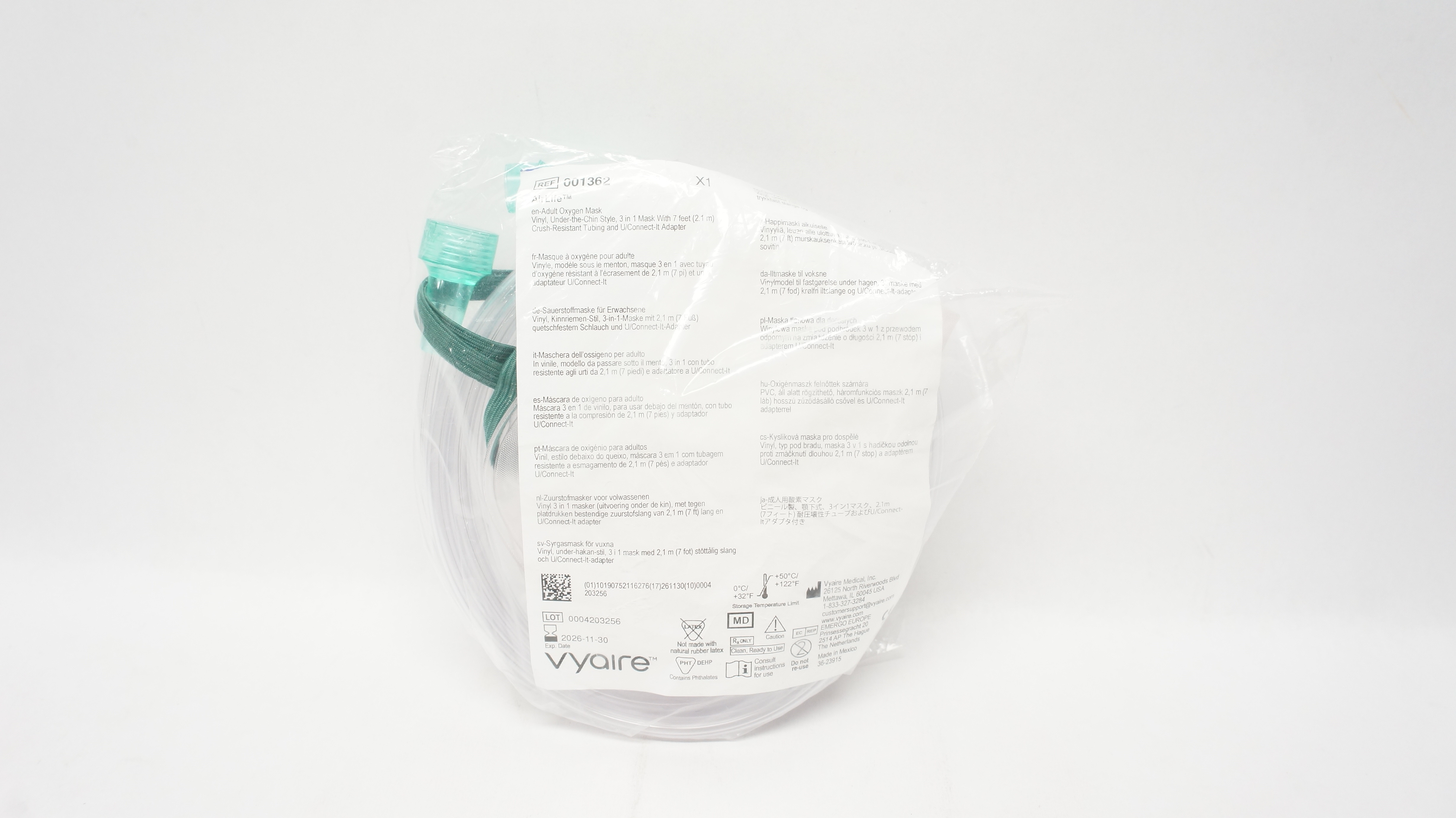 Vyaire 001362 AirLife Adult Oxygen Mask, Vinyl w/7ft. Crush-Resistant Tubing
