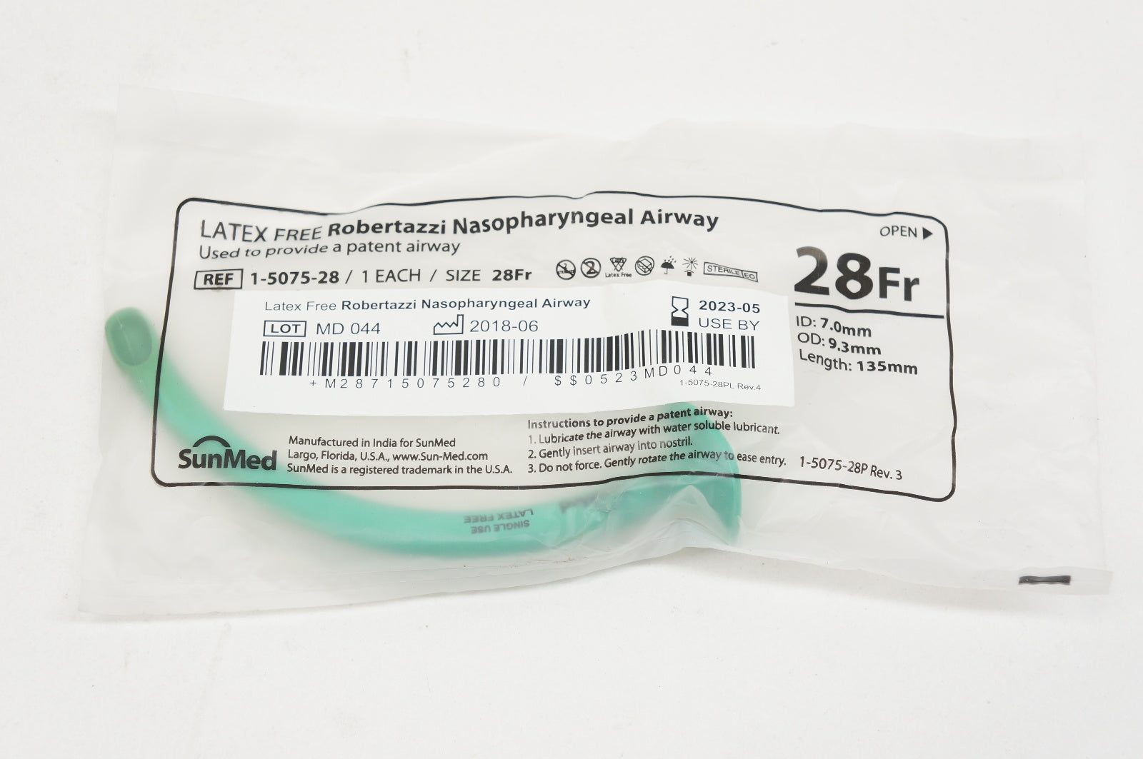 SunMed 1-5075-28 Robertazzi Nasopharyngeal Airway, Size 28