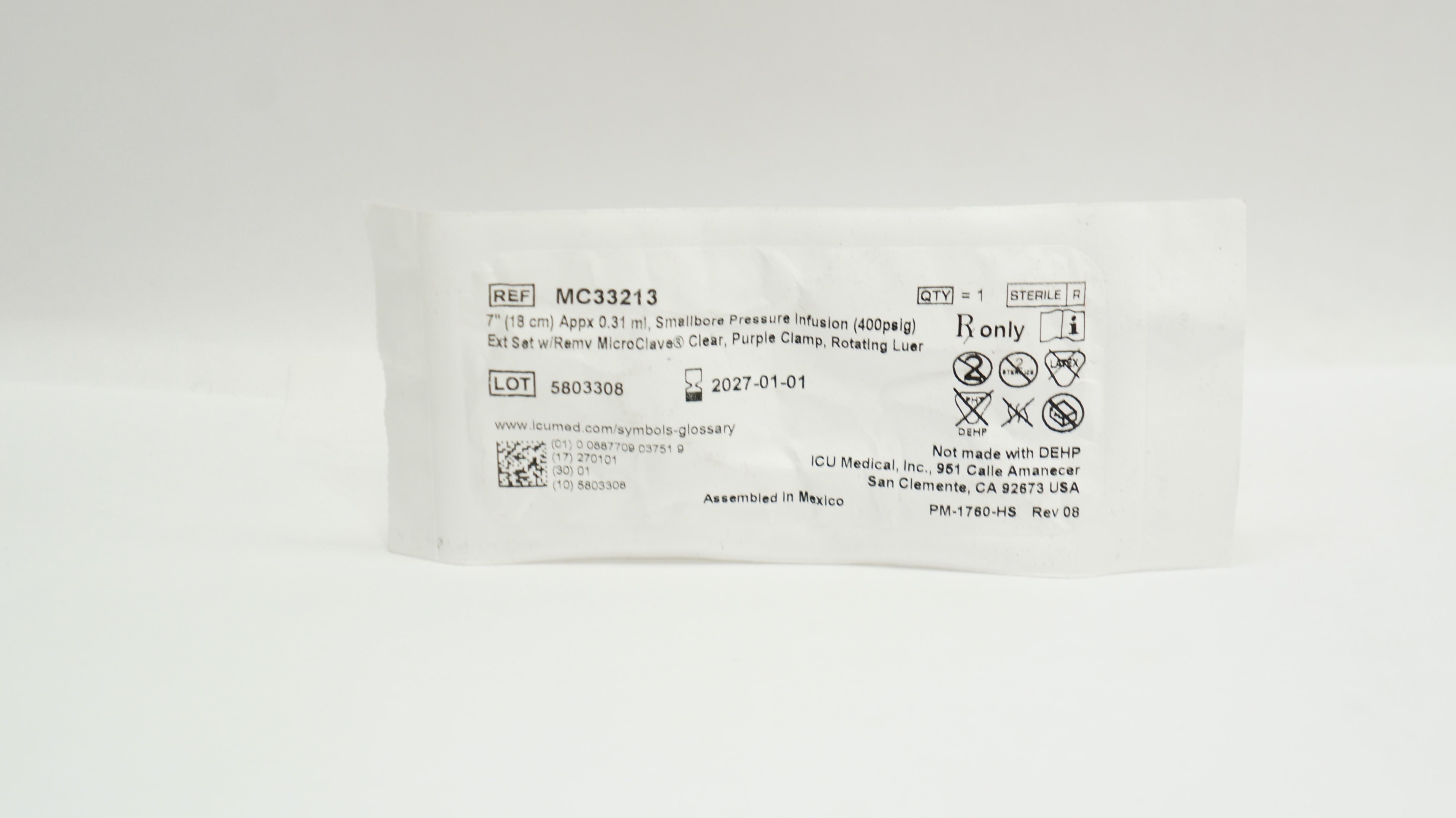 Icu Medical MC33213 7In Apex 0.31mL Smallboew Pressure Infusion Ext Set