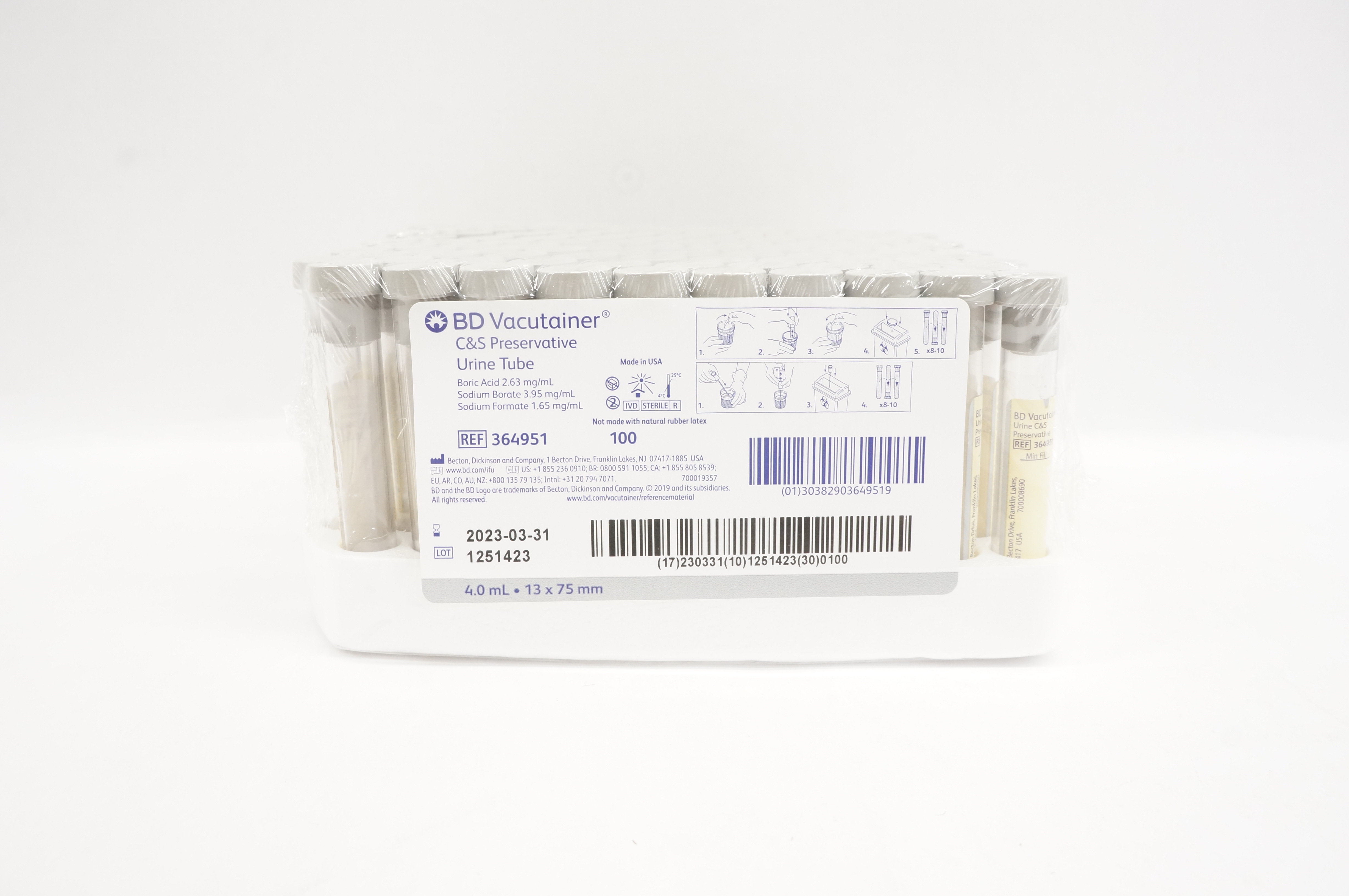 BD 364951 Vacutainer C&S Preservative Urine Tube 4.0mL, 13 x 75mm - Pack of 100