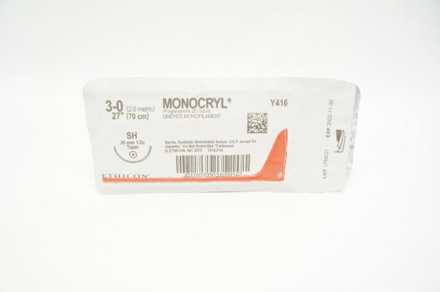 Ethicon Y416 3-0 Monocryl Undyed Monofilament SH 26mm 1/2c Taper, 27 inch (x)
