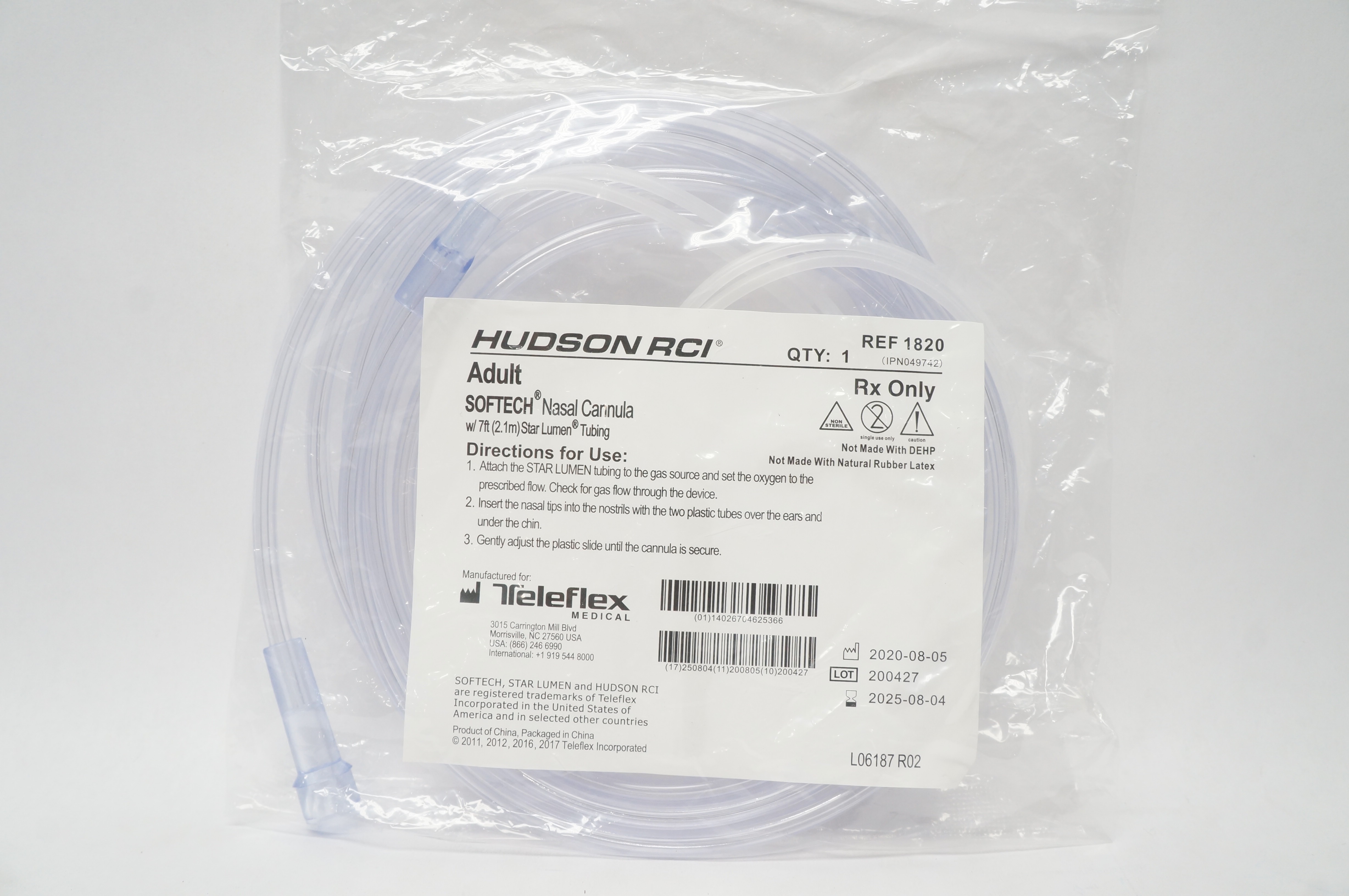 Teleflex 1820 Hudson RCI Softech Adult Nasal Cannula w/7ft Star Lumen Tubing