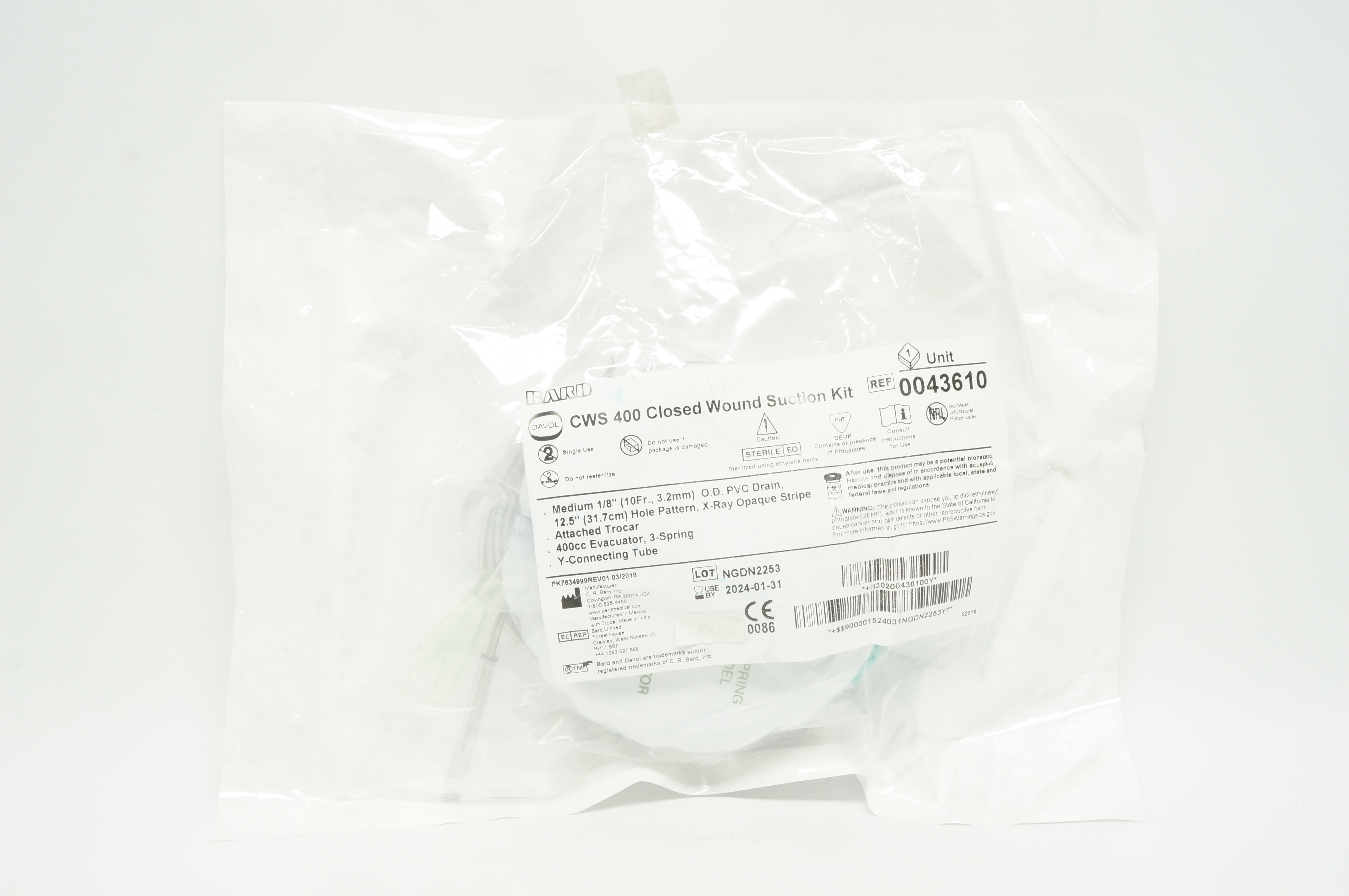 Bard 0043610 Davol CWS 400 Closed Wound Suction Kit