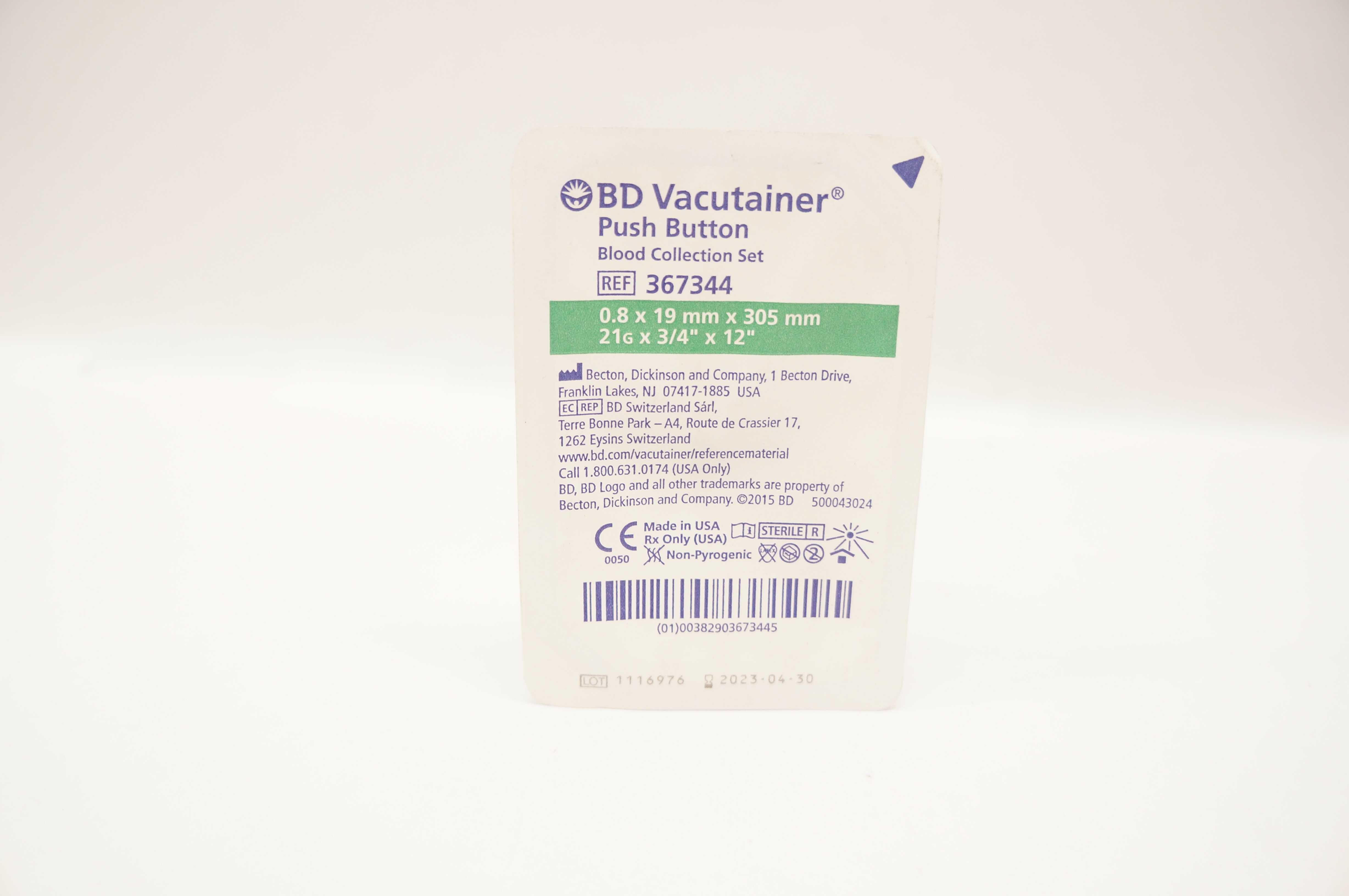 BD 367344 Vacutainer Push Button Blood Collection Set 21G x 3/4inch x 12inch (x)