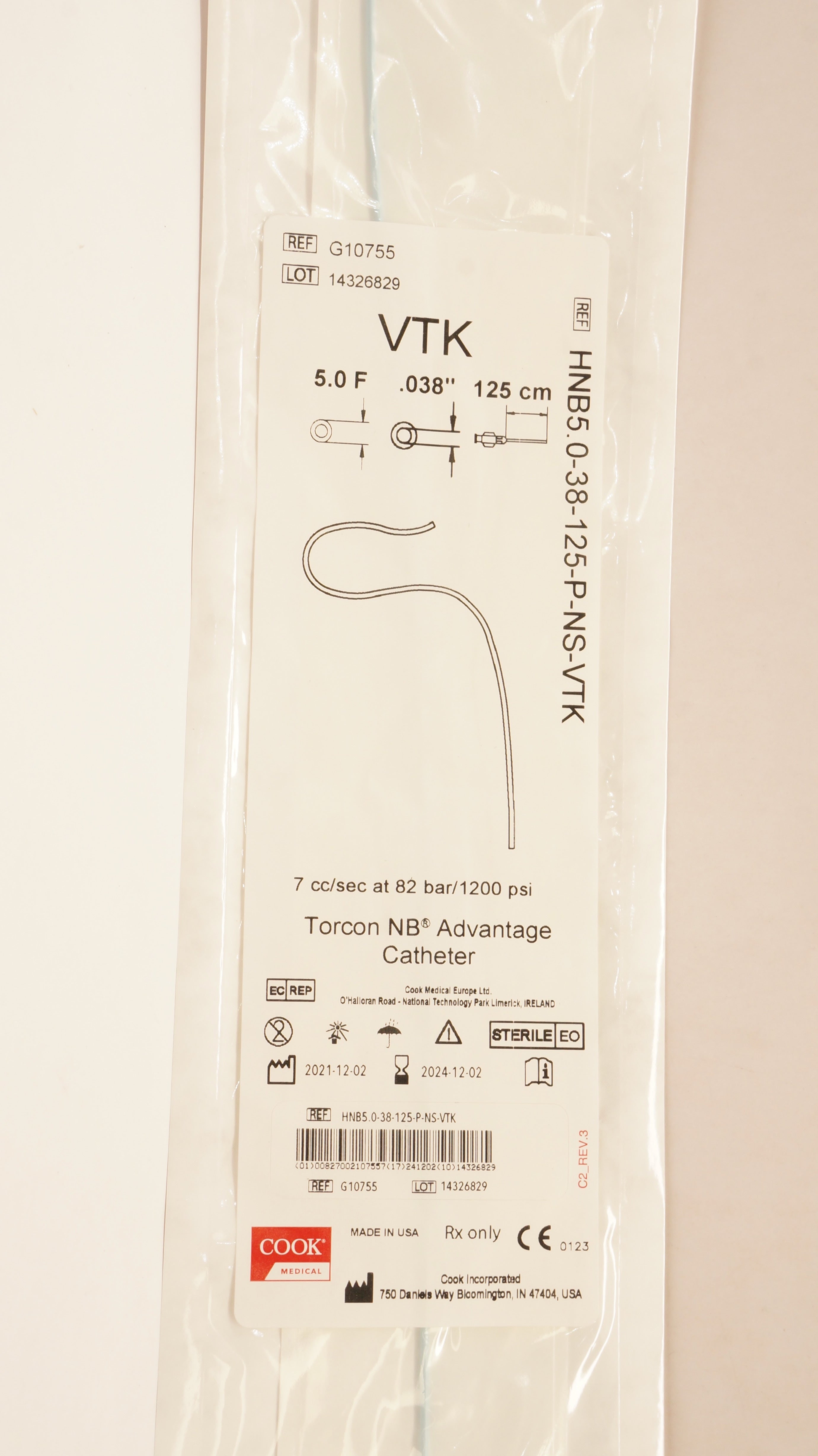 Cook Medical G10755 VTK Torcon NB Advantage Cath. 5.0F x .038inch x 125cm