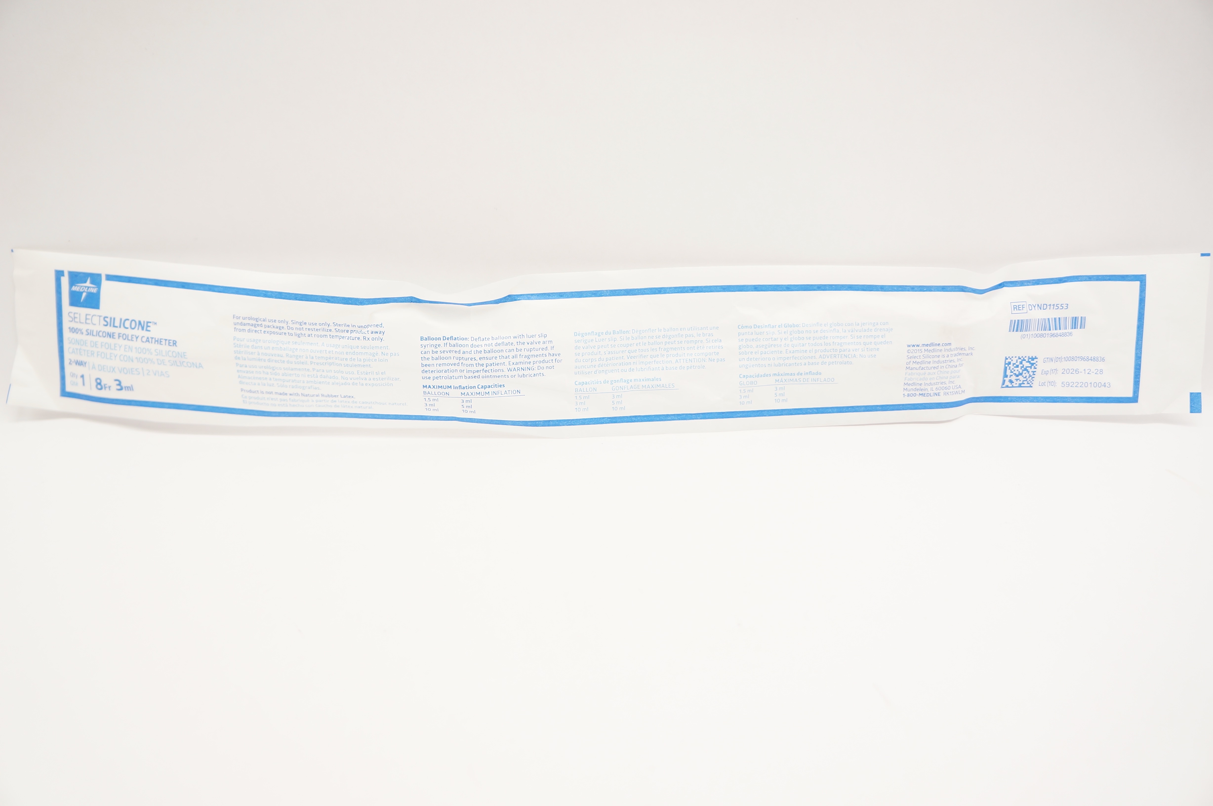 Medline DYND11553 Foley Cath. Silicone 2-way, 8Fr x 3mL