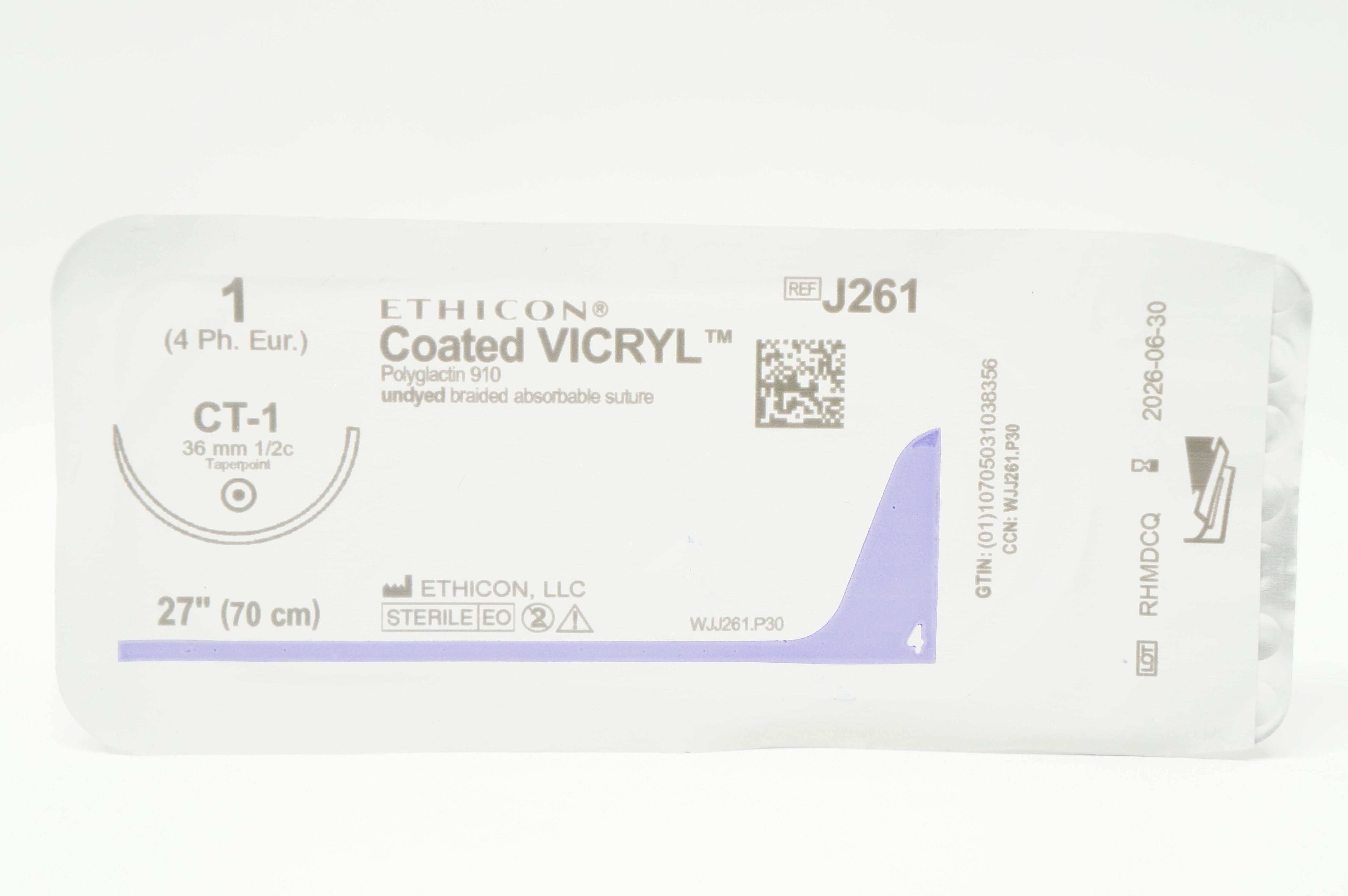 Ethicon J261 1 Coated VICRYL, CT-1 36mm 1/2c Taperpoint, 27inch