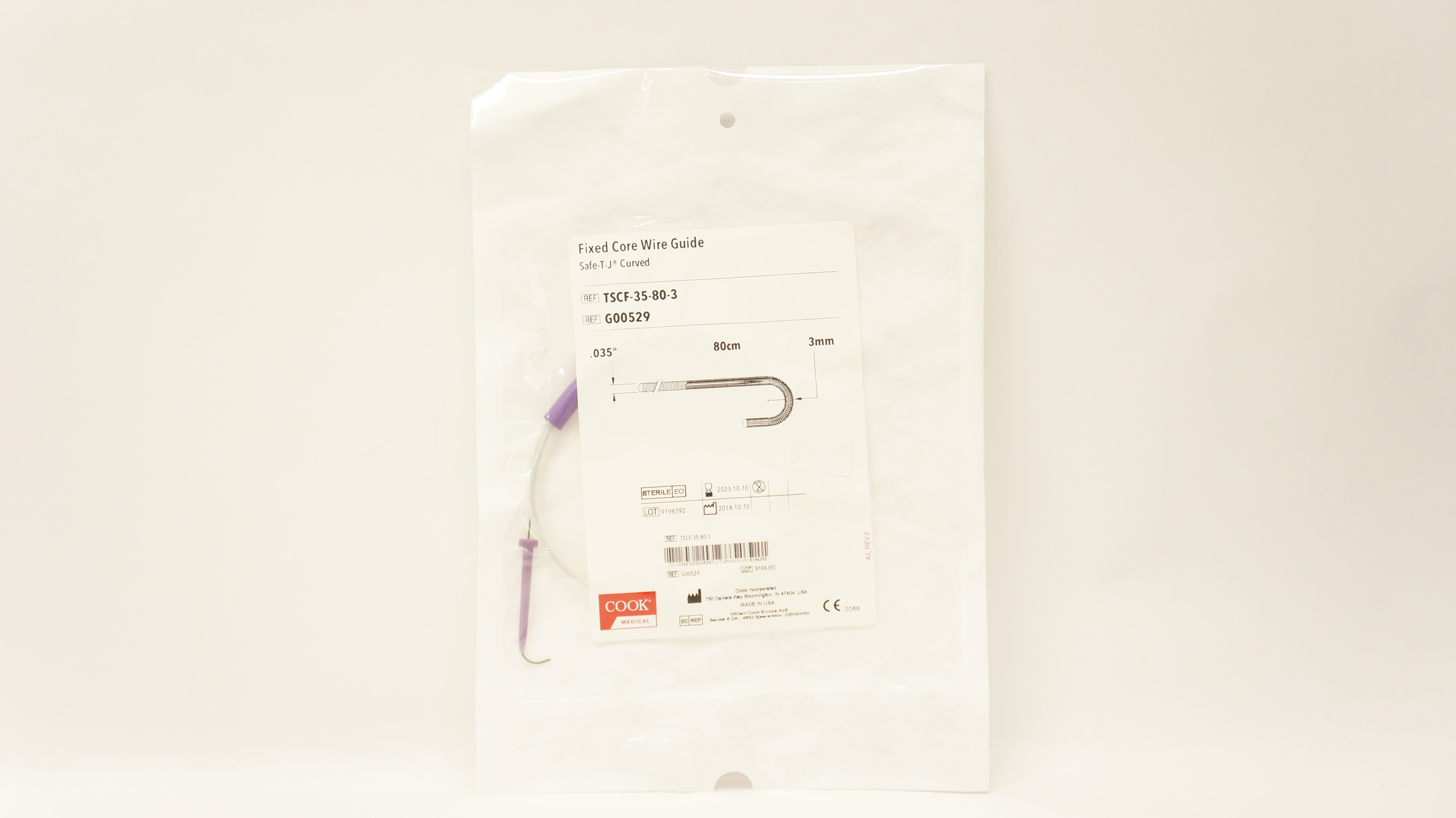 Cook Medical G00529 Fixed Core Wire Guide Safe-T-J Curved .035inch 80cm 3mm