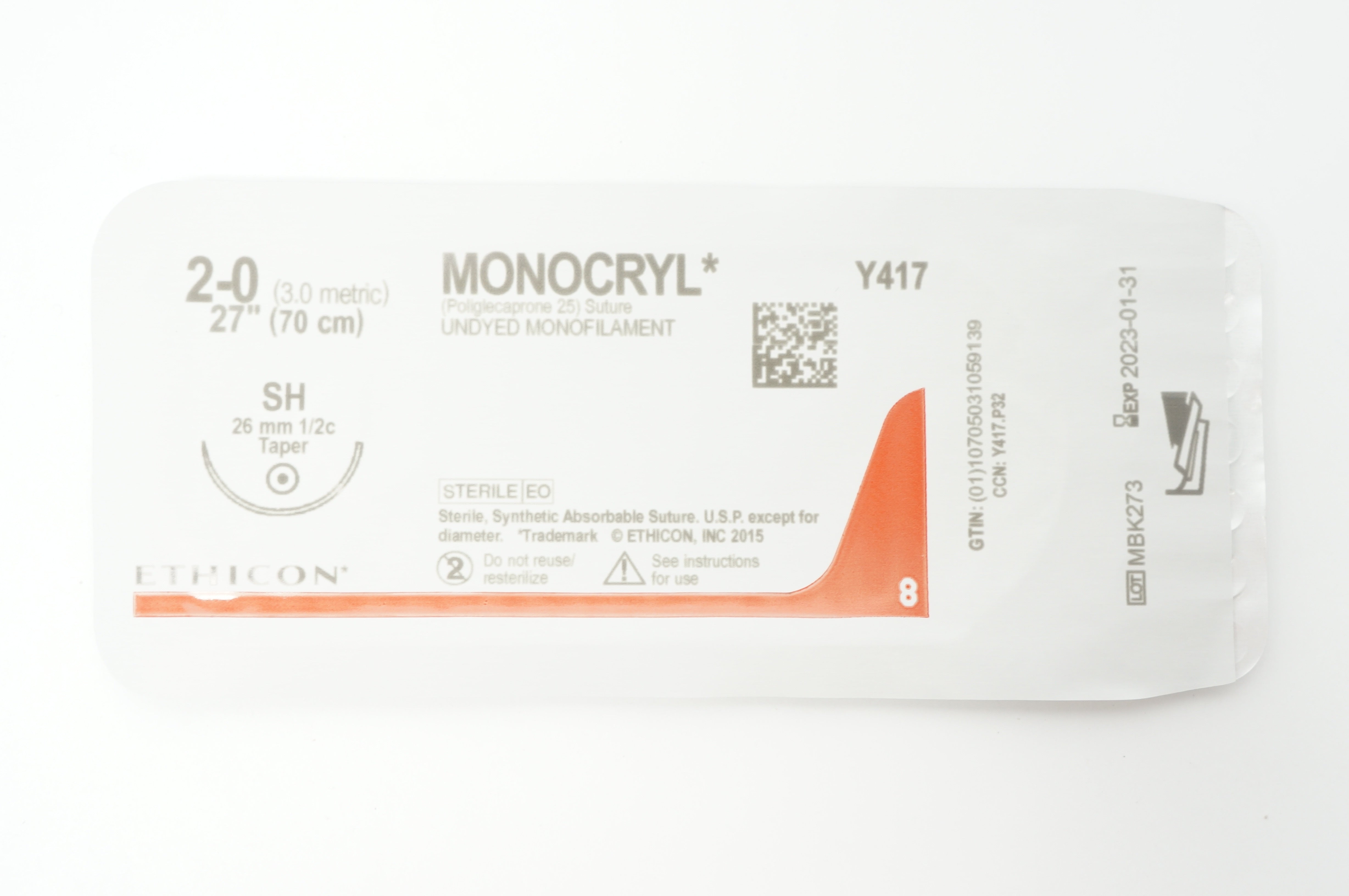 Ethicon Y417 2-0 MONOCRYL Undyed Monofilament SH 26mm 1/2c Taper, 27inch