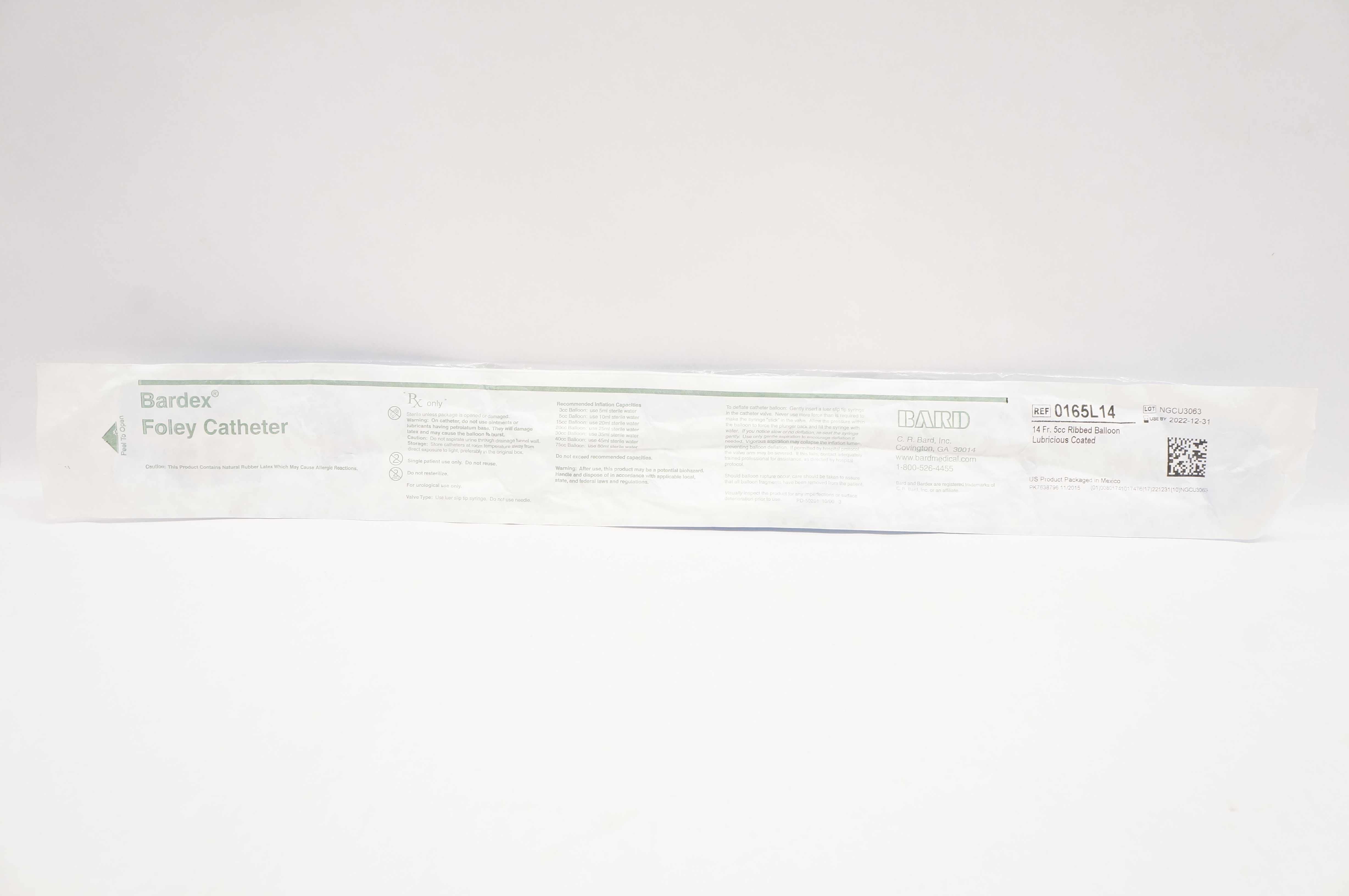 Bard 0165L14 Bardex Foley Cath. 14Fr 5cc Ribbed Balloon Lubricious Coated