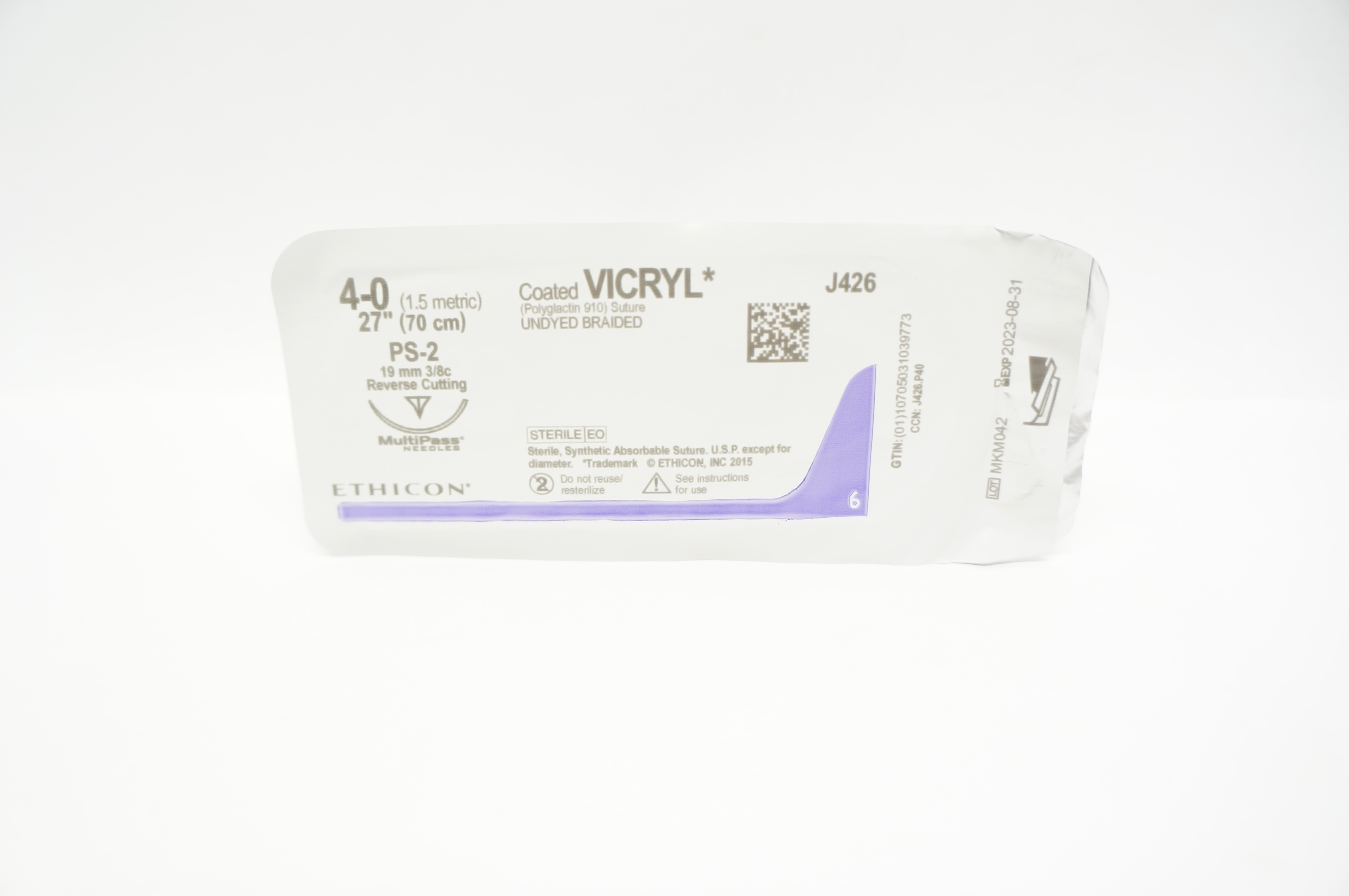 Ethicon J426 4-0 Coated VICRYL, PS-2, 19mm 3/8c Reverse Cutting, 27inch
