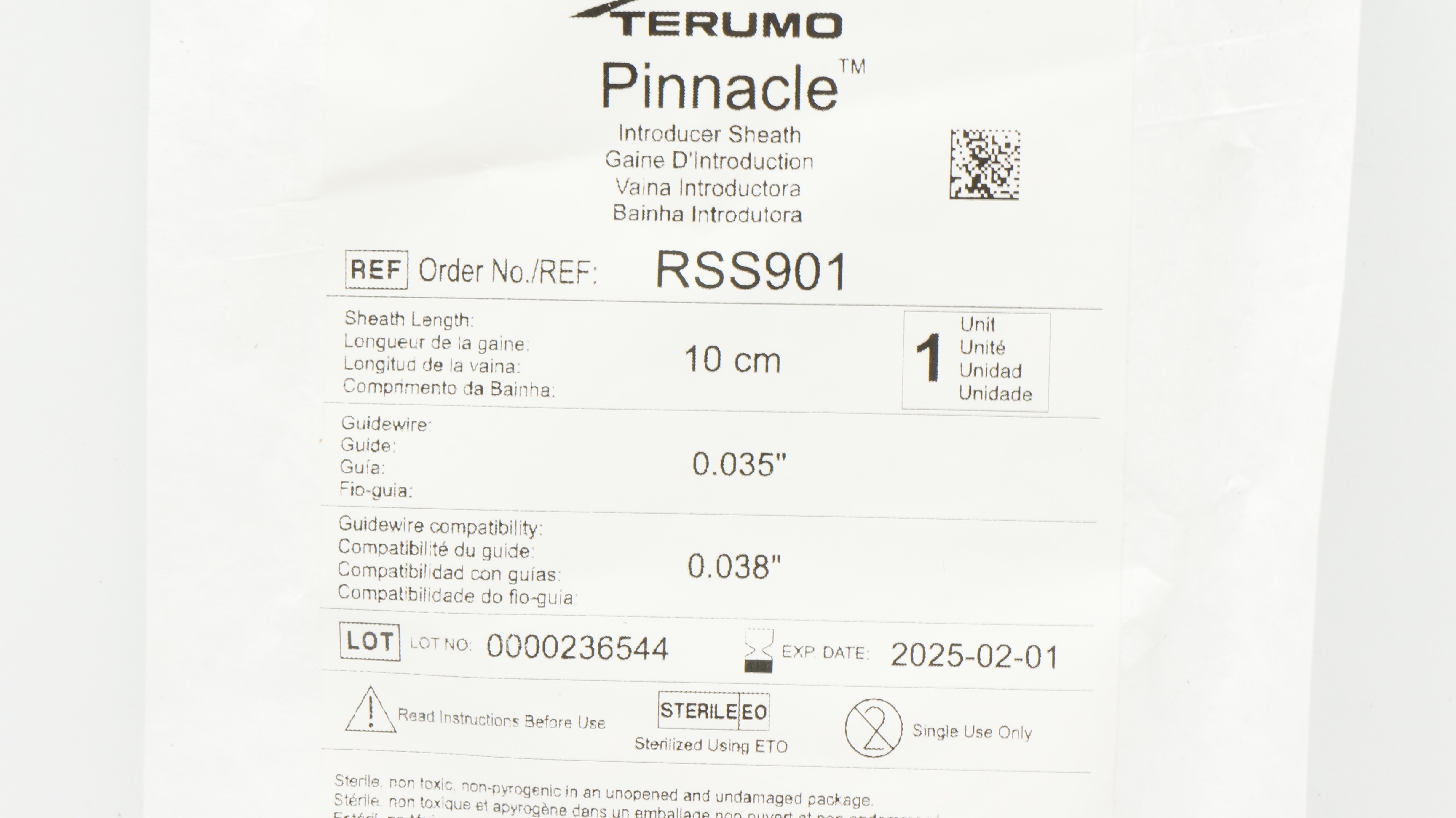 Terumo RSS901 Pinnacle Introducer Sheath 10 cm x 0.035inch x 0.038inch (x)