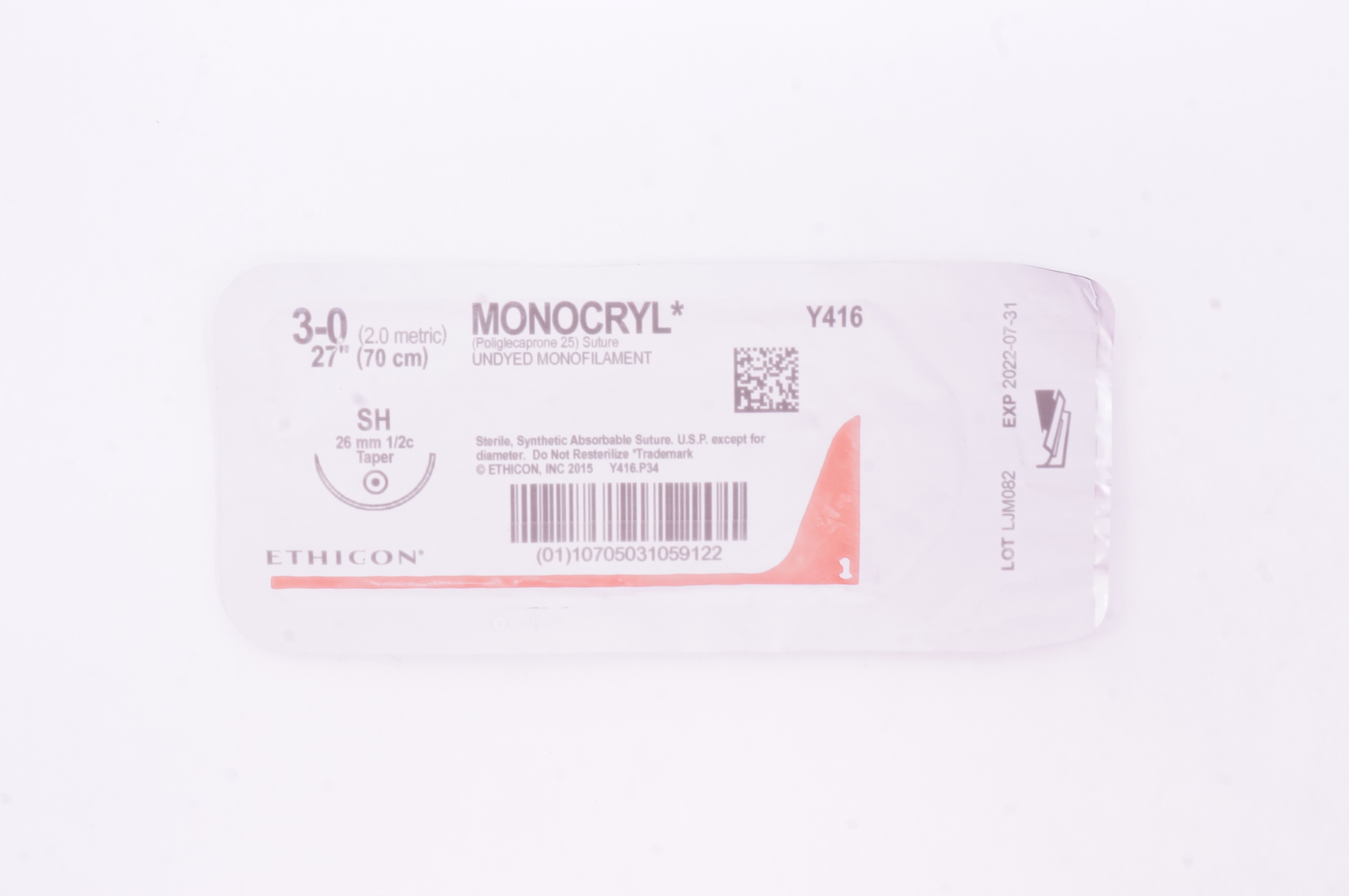 Ethicon Y416 3-0 Monocryl Poliglecaprone 25 Stre SH 26mm 1/2c Taper, 27 inch